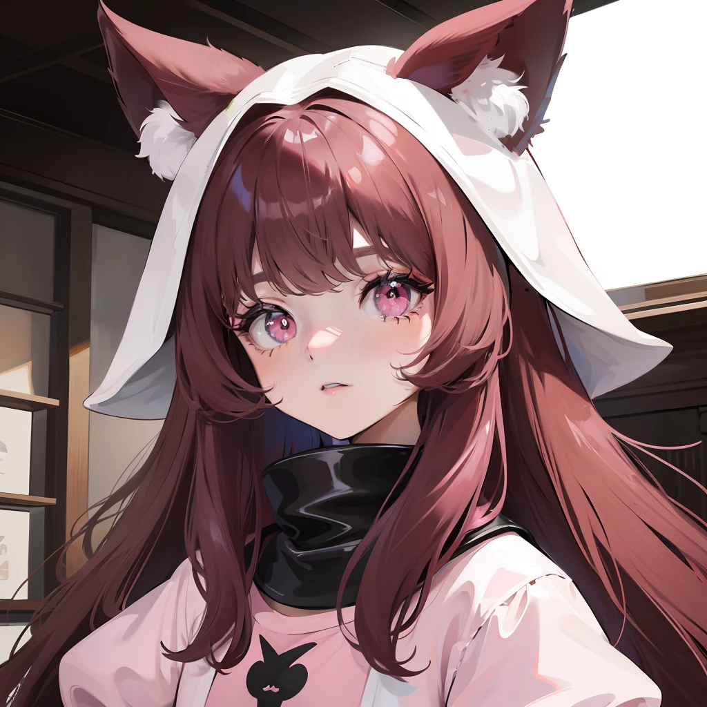 She wears long dark pink hair,Has dark pink fox ears,The face is relatively large,Black pupils,Wear a matching of pink and white clothes,It's a very cute girl