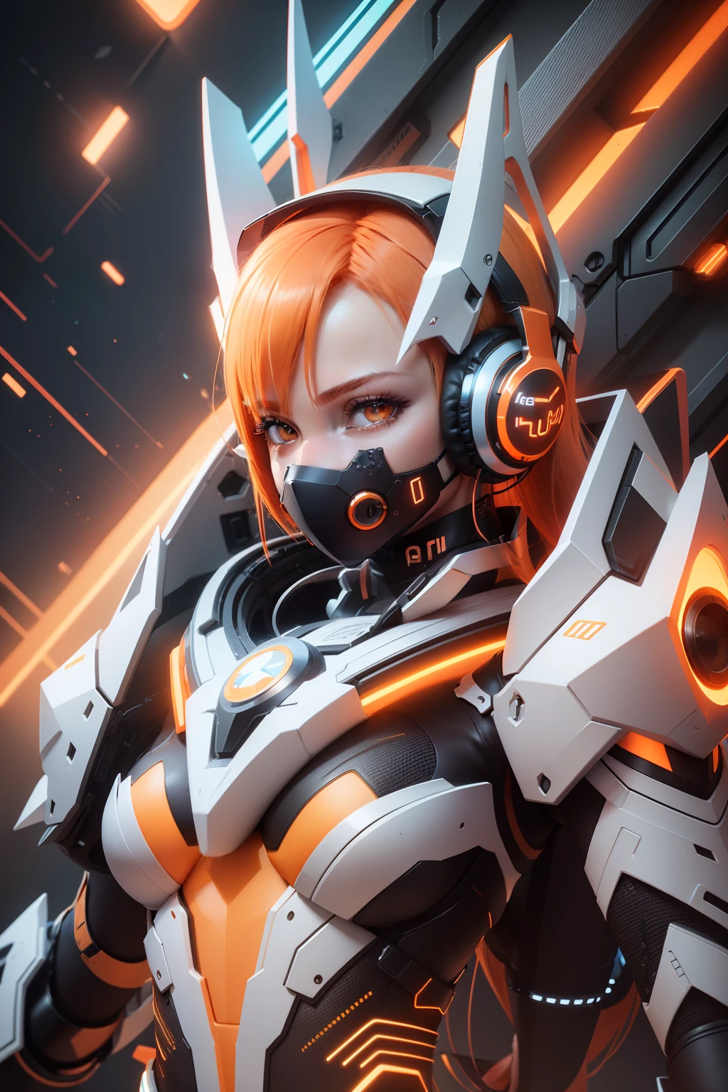 3d, background detail, body neon detail, headphones, female, slim body, cute face, beautiful face, crown, orange hair, orange neon body, complect detail, red neon body, blue neon body, yellow neon body, detail background, neon background, high detail, microphone, white modern mouth mask,