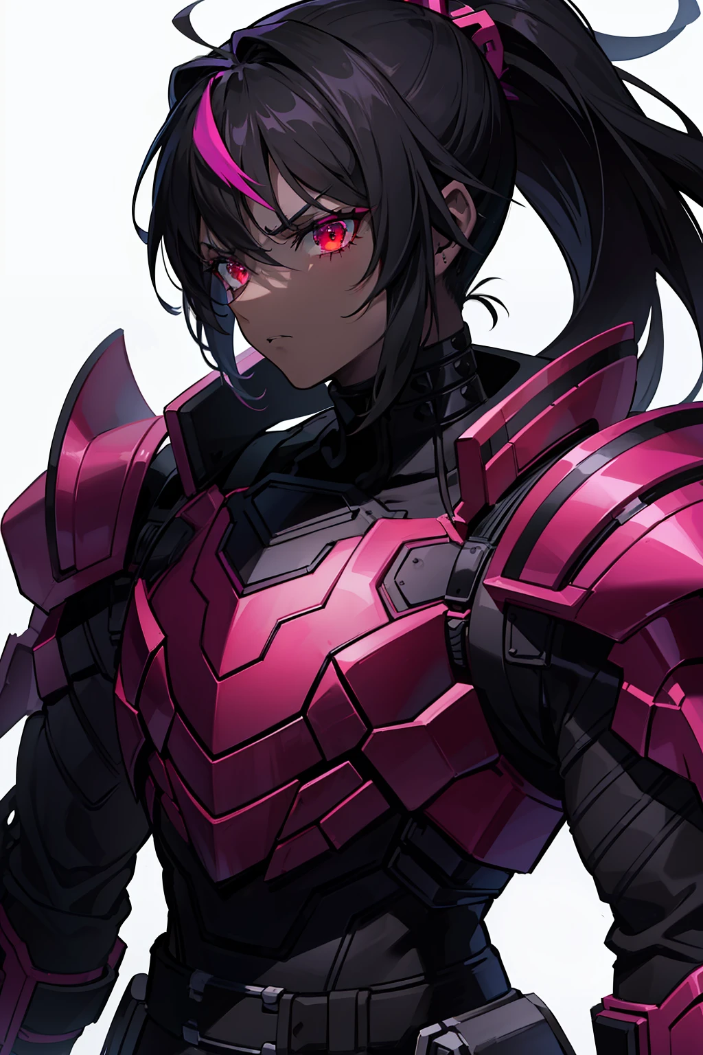 "dark-skinned with a menacing scowl, black hair styled in a layered ponytail with vibrant magenta highlights, fierce red eyes, muscular physique adorned in black and red sci-fi gothic armor, with intricate black armor plating."