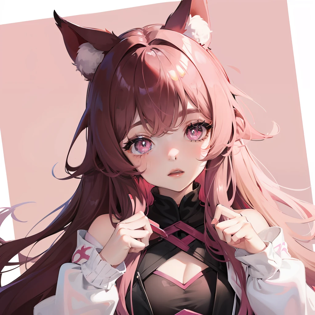 She wears long dark pink hair,Has dark pink fox ears,The face is relatively large,Black pupils,Wear a matching of pink and white clothes,It's a very cute girl