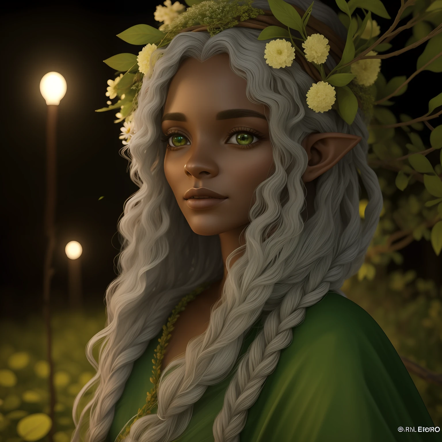 Elfo escuro bonito, cara bonita, corpo bonito, cabelos pretos, usando armadura, Cabo Verde, em uma floresta, at night, 8k, extremamente detalhado, ultra realistic