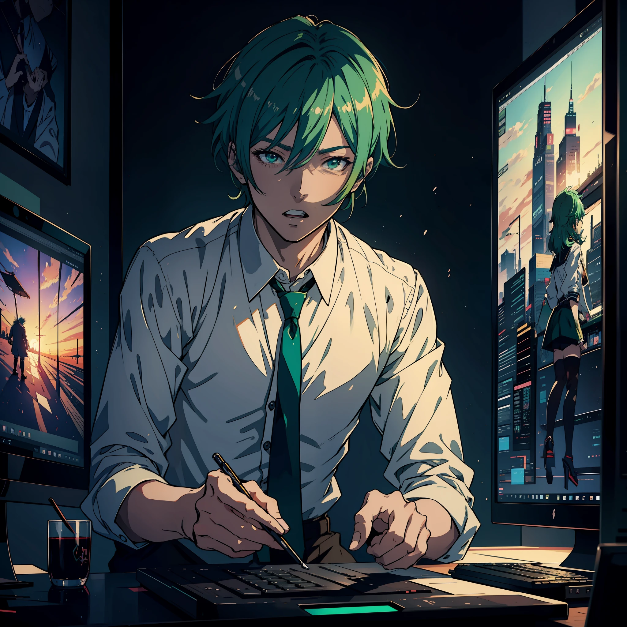 A young man with Green hair, green eyes, a black suit stood with his back turned half-face smoking a cigarette in his room at night.