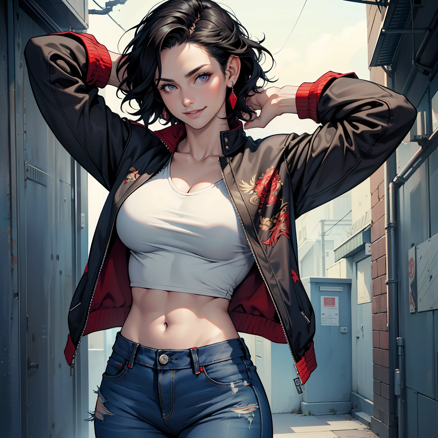 (1 woman), (solo), mature, deep black hair, wavy hair, short hair, pale skin, red cropped shirt, jeans jacket, muscle body, strong body, medium boobs, arms with many tattoos, deep blue jeans, cocky smile, ((high quality)), ((very detailed))