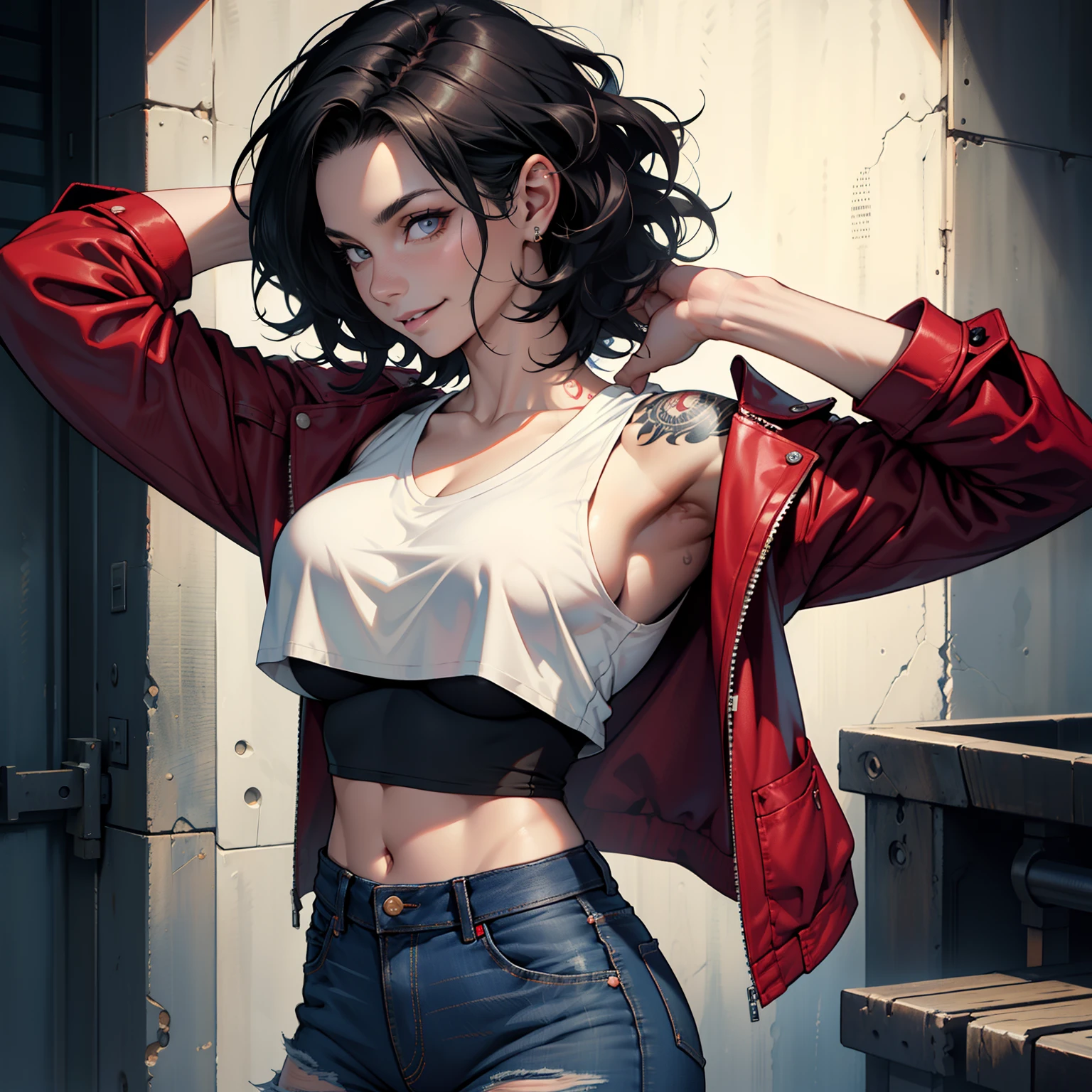 (1 woman), (solo), mature, deep black hair, wavy hair, short hair, pale skin, red cropped shirt, jeans jacket, muscle body, strong body, medium boobs, arms with many tattoos, deep blue jeans, cocky smile, ((high quality)), ((very detailed))
