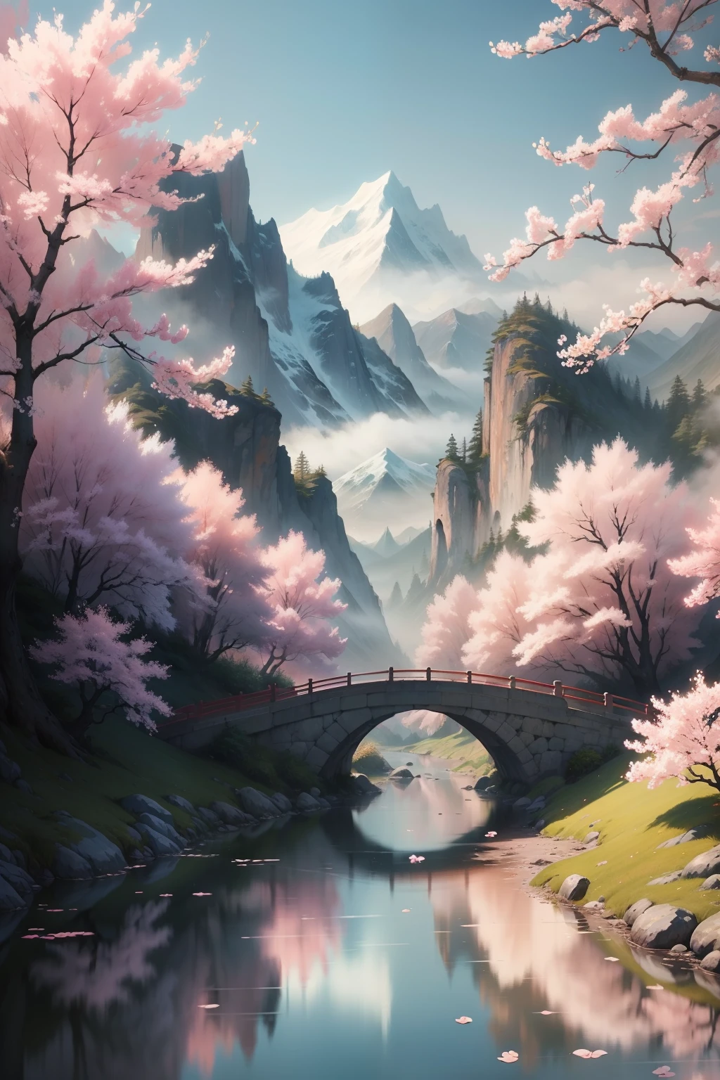 A mystical landscape painting inspired by traditional Chinese art. Serene and ethereal, with mist-shrouded mountains, winding rivers, and delicate cherry blossom trees. Soft, pastel color palette, ink wash technique, and flowing brushstrokes.