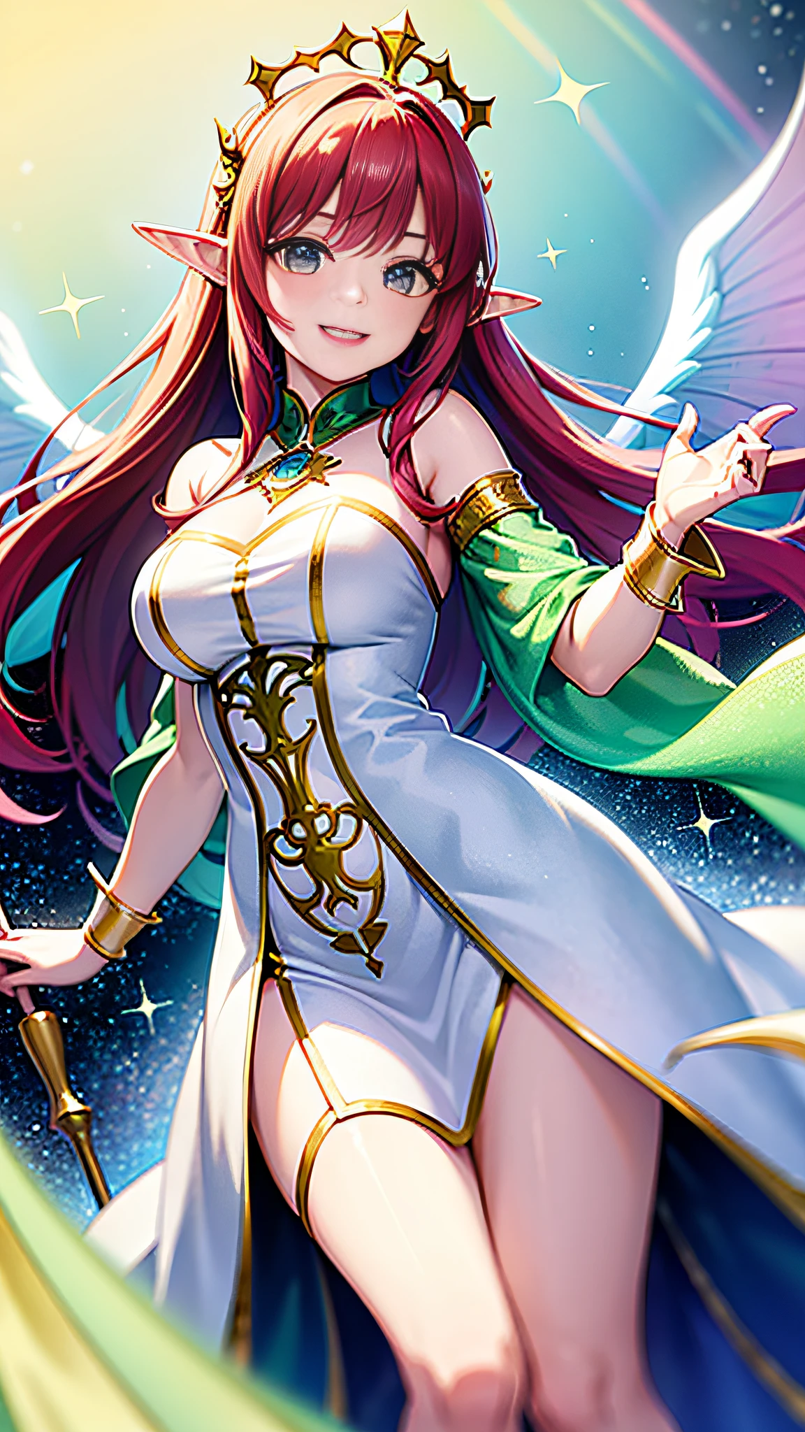 Young Woman, World of Magic, Stars, white, light green, Rainbow, Red Hair, Long Hair, Long Open Silk Dress, 8k UHD, Ultra Detailed, Super High Resolution, Flowers, Camp, fantasy, smile, excited, staff, elf, wings, tiara, bracelet