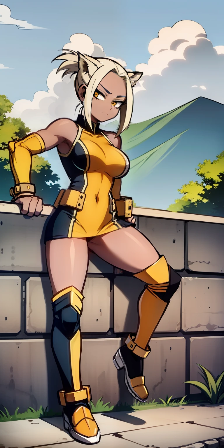 My hero academia style, girl, blonde Girl, long straight hair, anime girl, muscular female, trending on artstation pixiv, (full body shot:0.5), Perfect Anatomy, Super Detailed, brown skin, Dark-skinned female, wide hips, Large breast, wide thighs, tanned complexion, huge breasts, Cheetah Leotard, Cheetah ears, Cheetah tail, Gold Bracers, Gold Shin Guards, Black Knee Pads, Black Elbow Pads, Black Fingerless Gloves, seductive and joyful gaze.