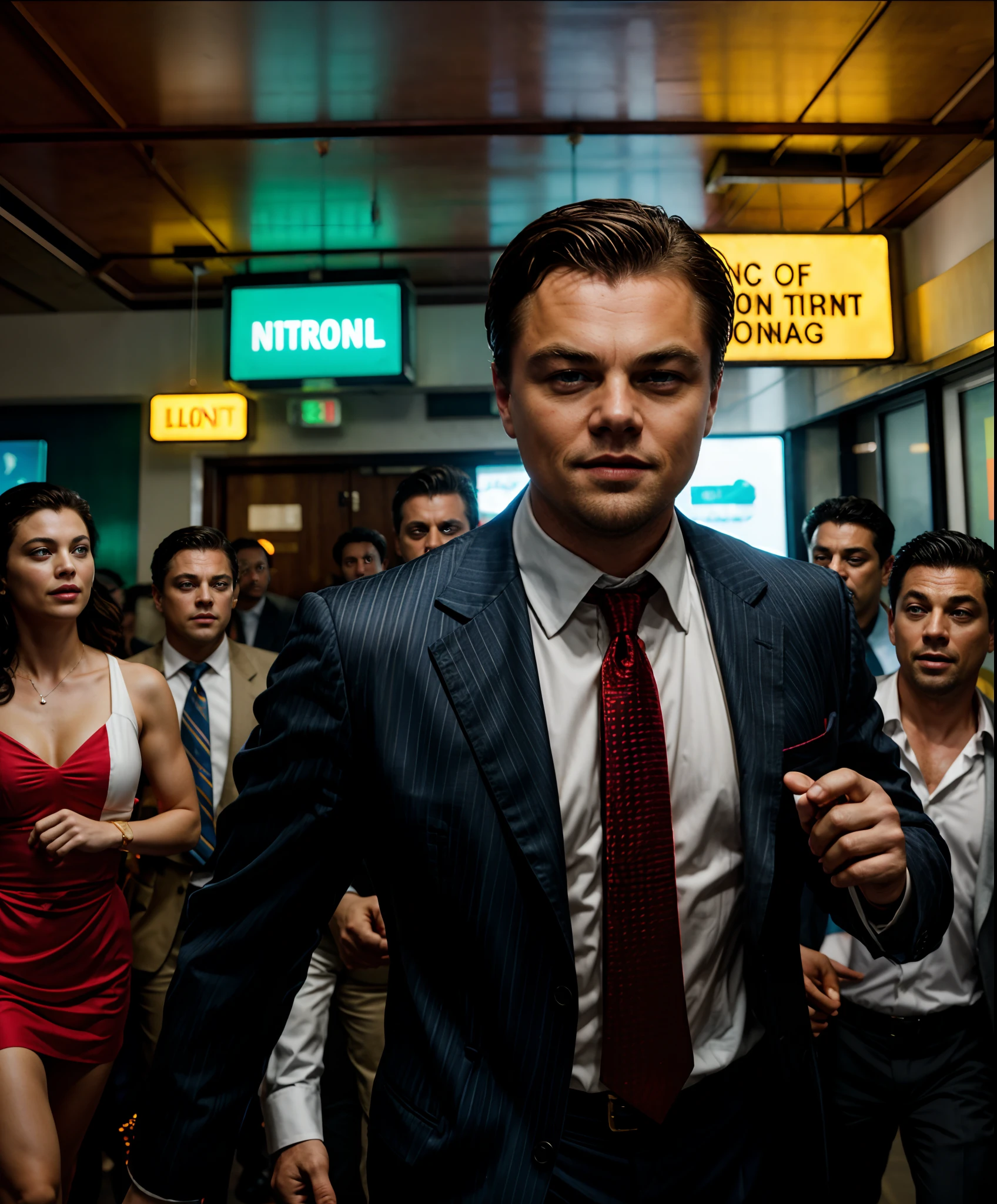Leonardo DiCaprio's portrayal of Jordan Belfort in "The Wolf of Wall Street" is a tour de force. He commands attention as he addresses a packed room during a raucous company gathering. His charisma is palpable, igniting the crowd's enthusiasm. The room is bathed in vibrant colors, with neon signs and extravagant decorations setting the tone for the festivities. Strobe lights add to the energetic atmosphere, capturing the high-energy ambiance of the film. Captured by photographer Patrick Demarchelier, using a Nikon Z6 with a 35mm lens, the lighting is a blend of vibrant neon lights and fast-paced strobes, encapsulating the film's frenetic energy.