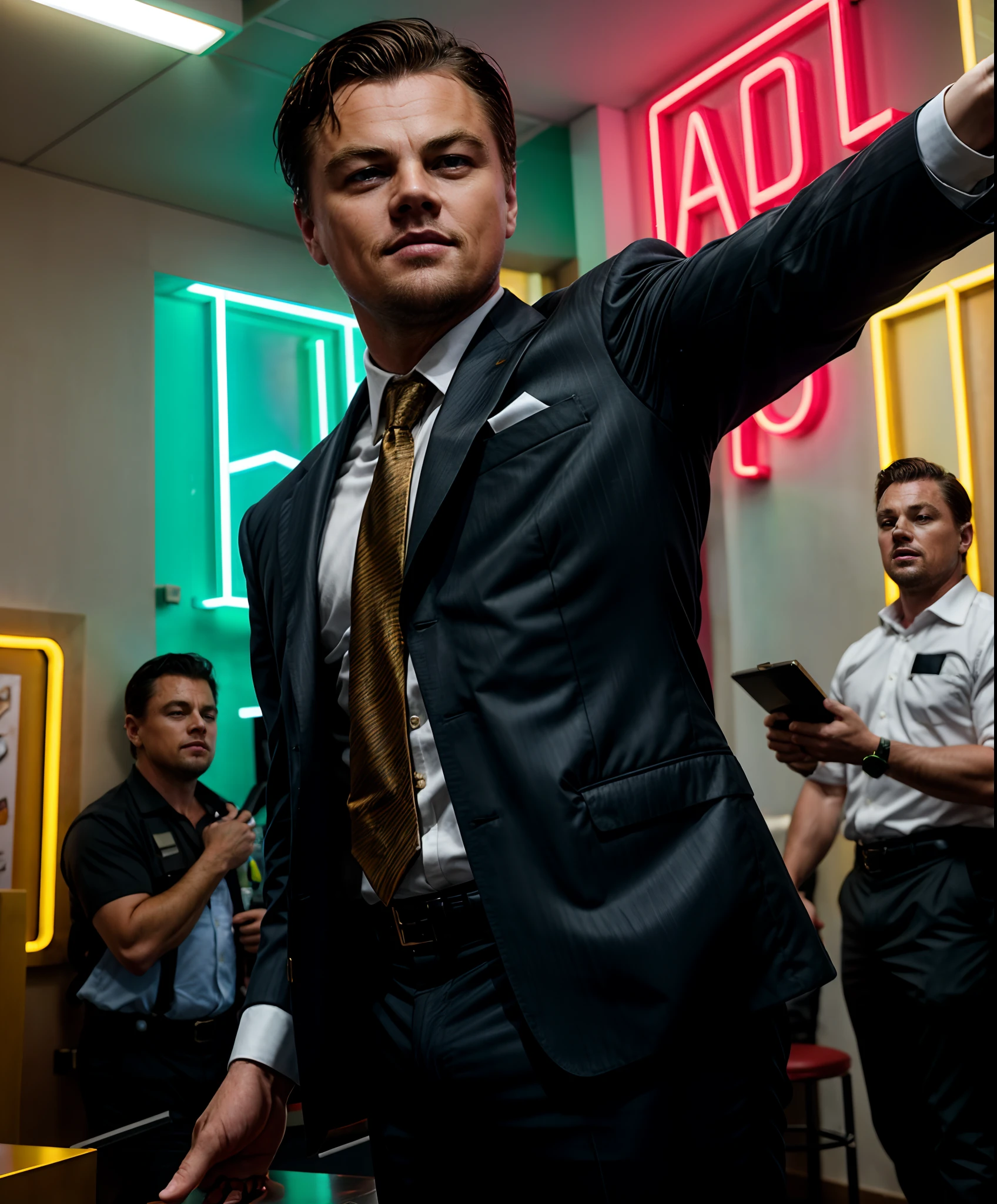 Leonardo DiCaprio's portrayal of Jordan Belfort in "The Wolf of Wall Street" is a tour de force. He commands attention as he addresses a packed room during a raucous company gathering. His charisma is palpable, igniting the crowd's enthusiasm. The room is bathed in vibrant colors, with neon signs and extravagant decorations setting the tone for the festivities. Strobe lights add to the energetic atmosphere, capturing the high-energy ambiance of the film. Captured by photographer Patrick Demarchelier, using a Nikon Z6 with a 35mm lens, the lighting is a blend of vibrant neon lights and fast-paced strobes, encapsulating the film's frenetic energy.
