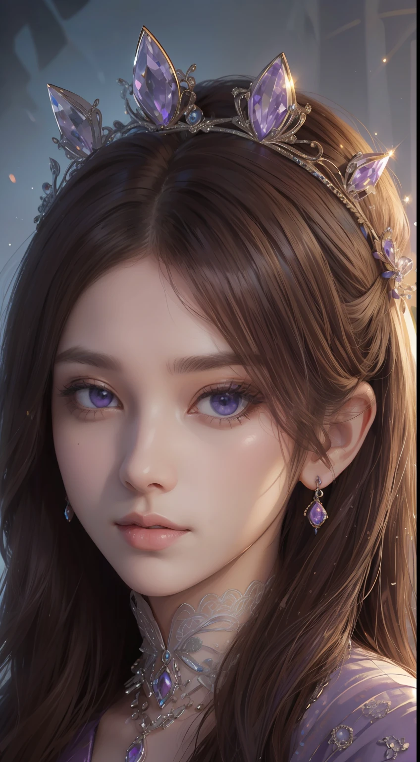tmasterpiece,Highest image quality,Beautiful bust of a royal lady,Delicate brown hairstyle,Violet eyes are clear,Embellished with a dazzling array of intricate jewelry,super detailing,upscaled。