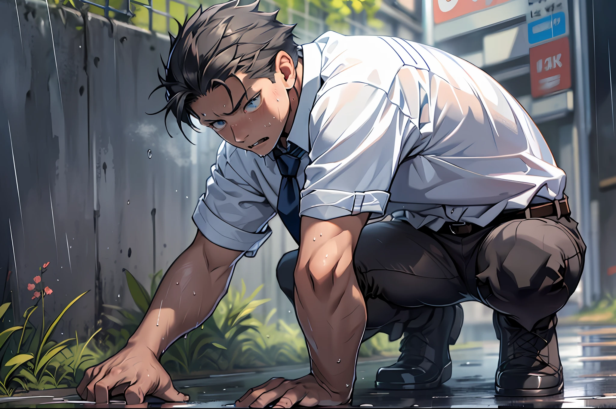 （1 Adult male），A high resolution， Sharp focus， Pixiv masterpiece， （（Complicated details））， highly  detailed， natsuki_subaru， 1 man，Defeat， crestfallen，full bodyesbian，kneels on the ground， Sweaty crotch，Pee on the legs，pissing，Urine runs down the thighs，embarressed，exhilarated，is shocked，panicking，worry，A small puddle of their own urine forms around the feet，Urine runs down the crotch，Drenched，rain，The shirt is soaked，（A gesture of pleading），blue color eyes（eyes glowing）， Short gray hair，white  shirt，Wear a tie，Wear a belt，perspire，look from down