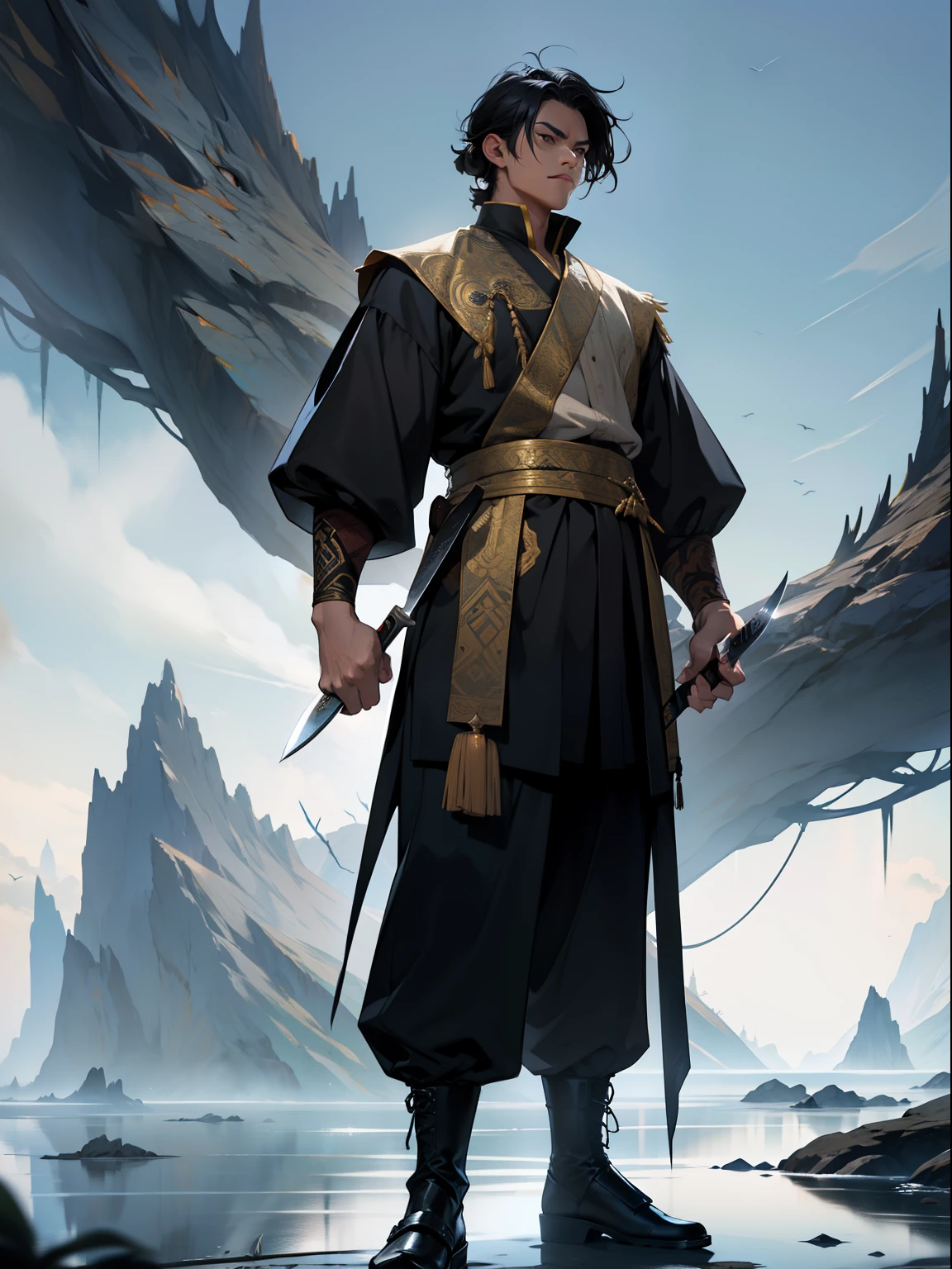 of a guy，Douluo Continent costume，standing on your feet，nigth，Black hair，Knife in hand，Fierce，