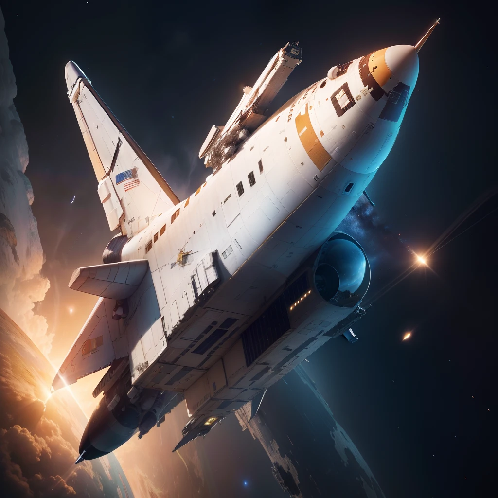 space shuttle,(RAW photos,best qualtiy),(realisticlying,photograph realistic:1.3),best qualtiy,highly detailed,tmasterpiece,hyper-detailing,illustratio,dynamic angle,Masterpiece Theatre of the World,best qualtiy,extremely detailed CG unity 8k wal,ink,astounding,cinmatic lighting