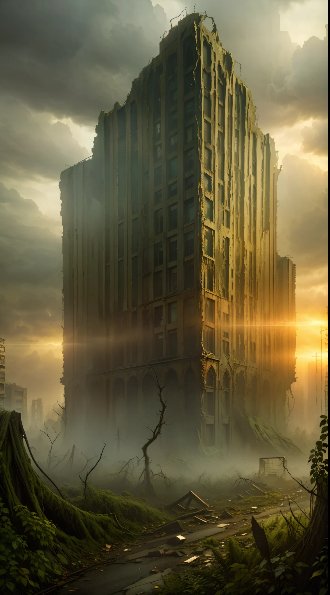 Create a professional 8K photograph that transports viewers to the abandoned city of Centralia. Use a low camera angle to capture the grandeur of crumbling structures. Add elements of nature invading the buildings, such as creeping plants and trees growing through the cracks, to convey the feeling of a city consumed by nature.