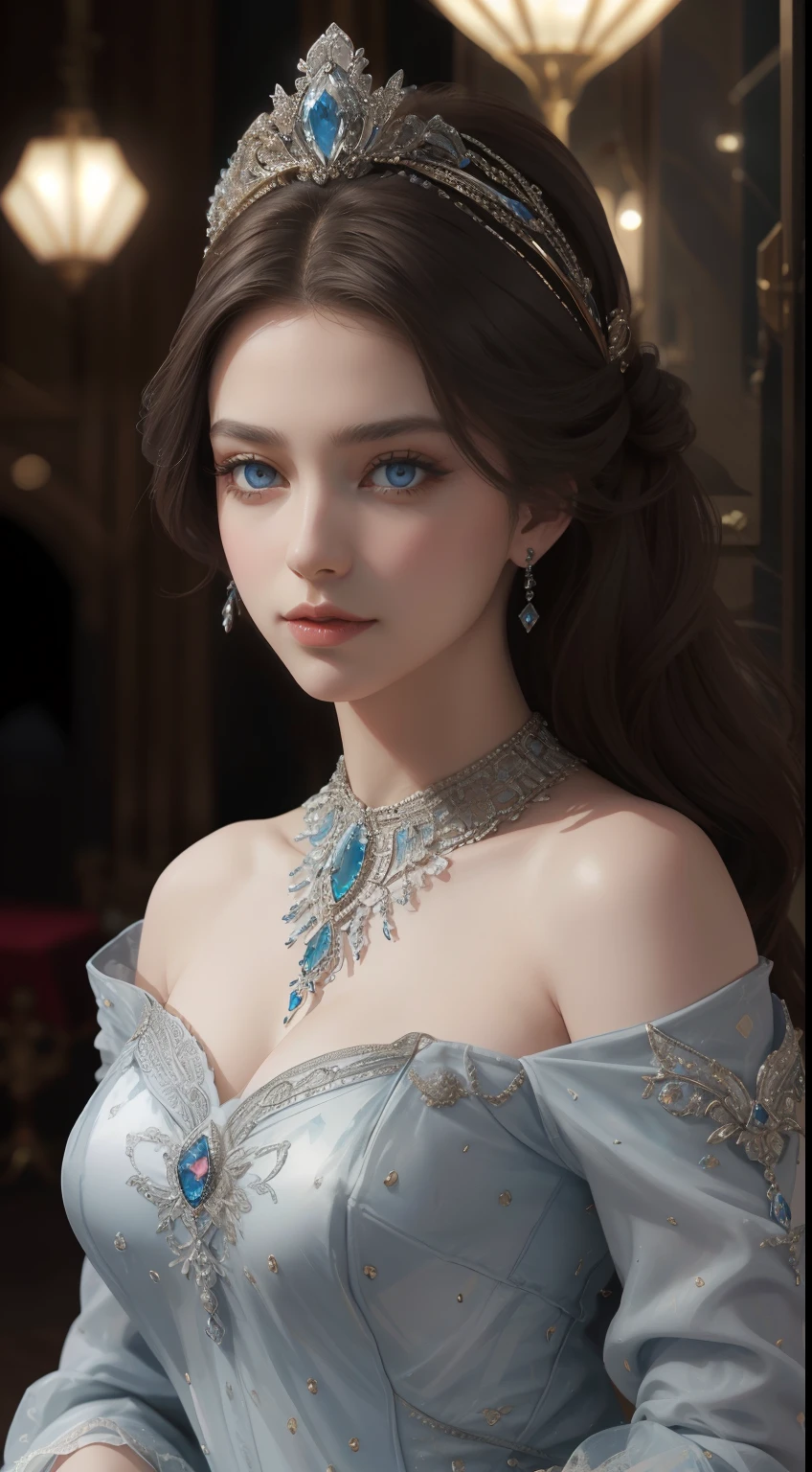 tmasterpiece，Highest image quality，Beautiful bust of a royal lady，Delicate chocolate-colored hairstyle，blue grey eyes，Embellished with a dazzling array of intricate jewelry，super detailing，upscaled。