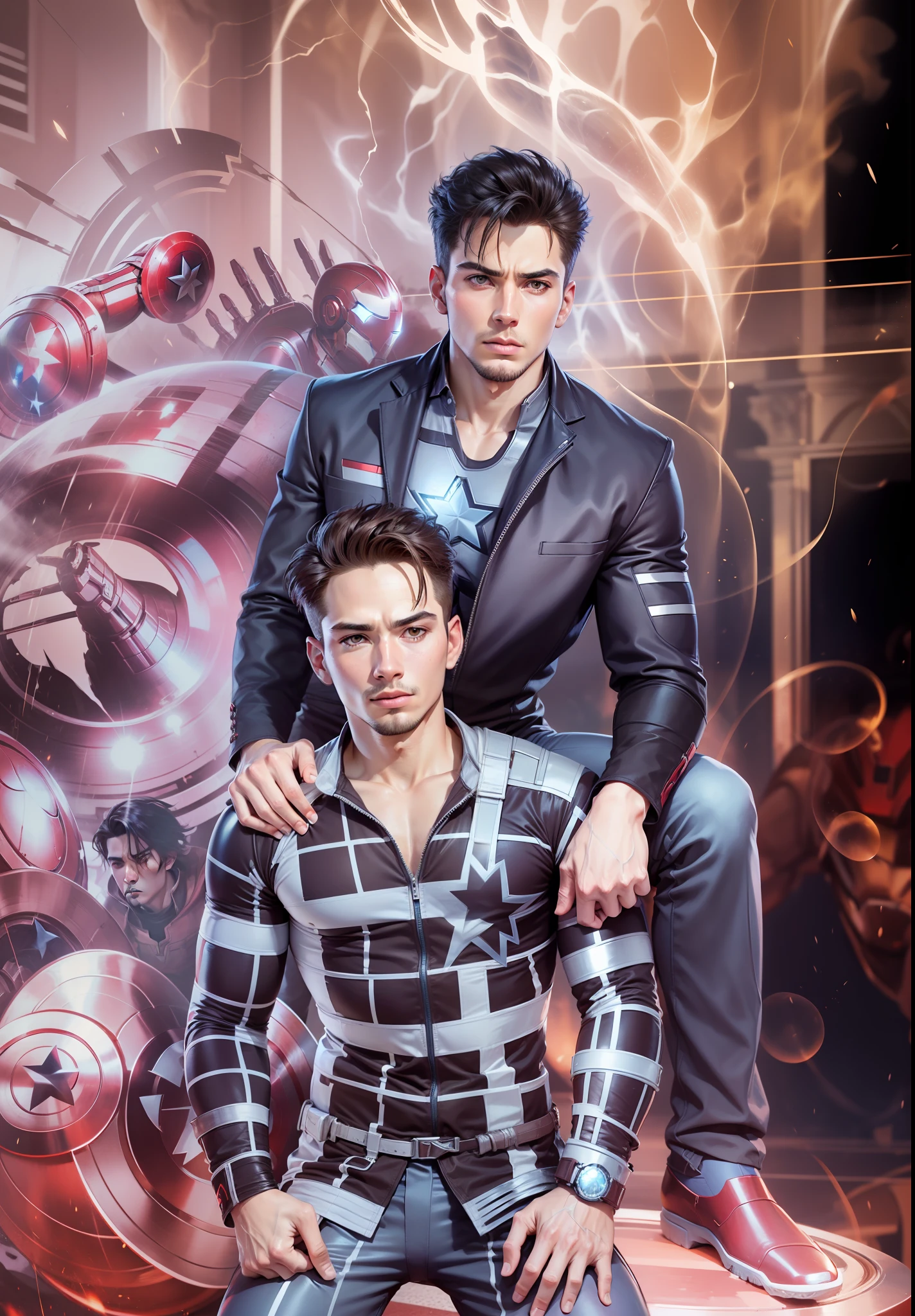 Change background Avengers, suit up 1 handsome boy wear Ironman suit without helmet, 2 handsome boy wera captain America suit without helmet