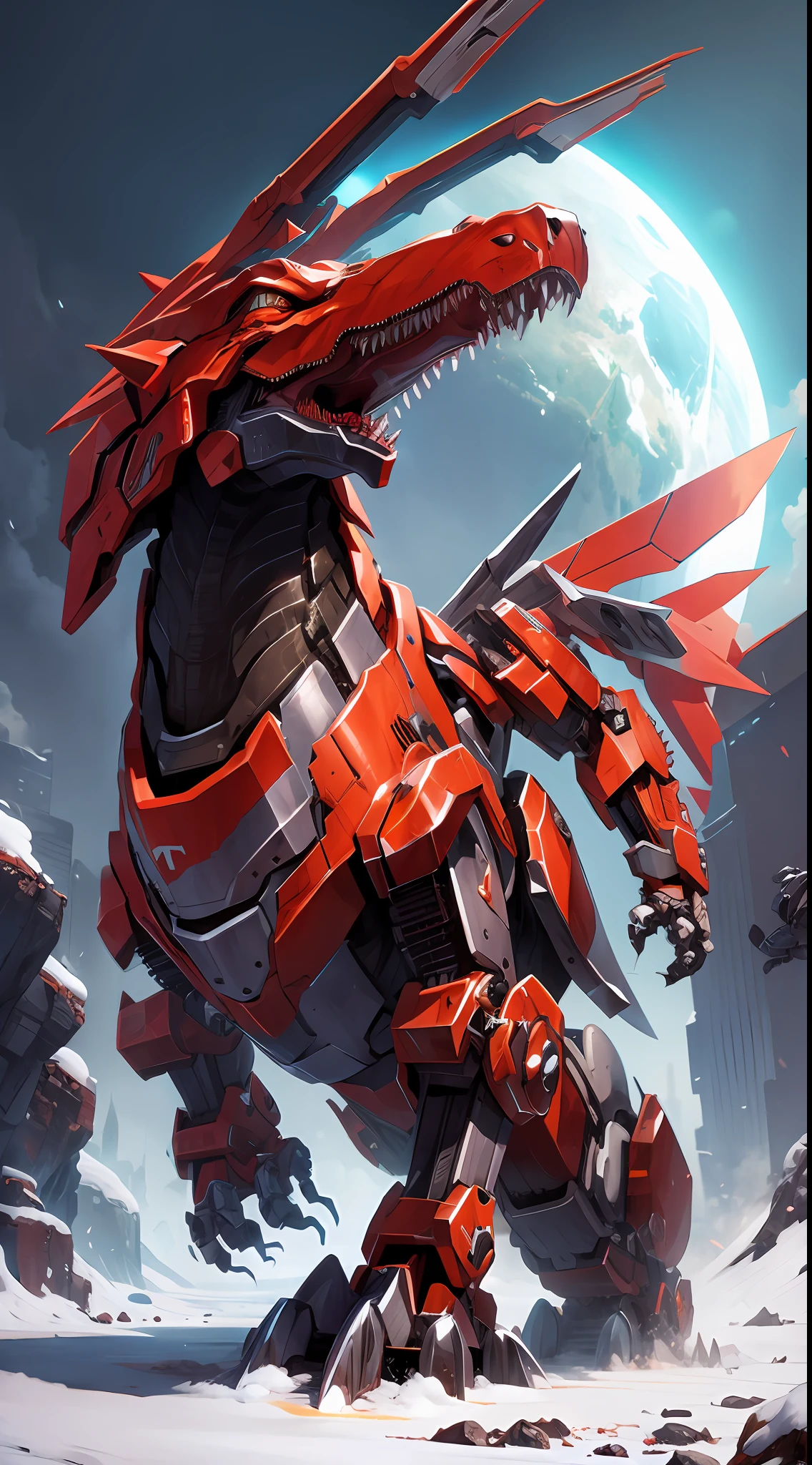 Mecha monster mechanical Tyrannosaurus rex，Sci-fi style cyberpunk，Red mech color，