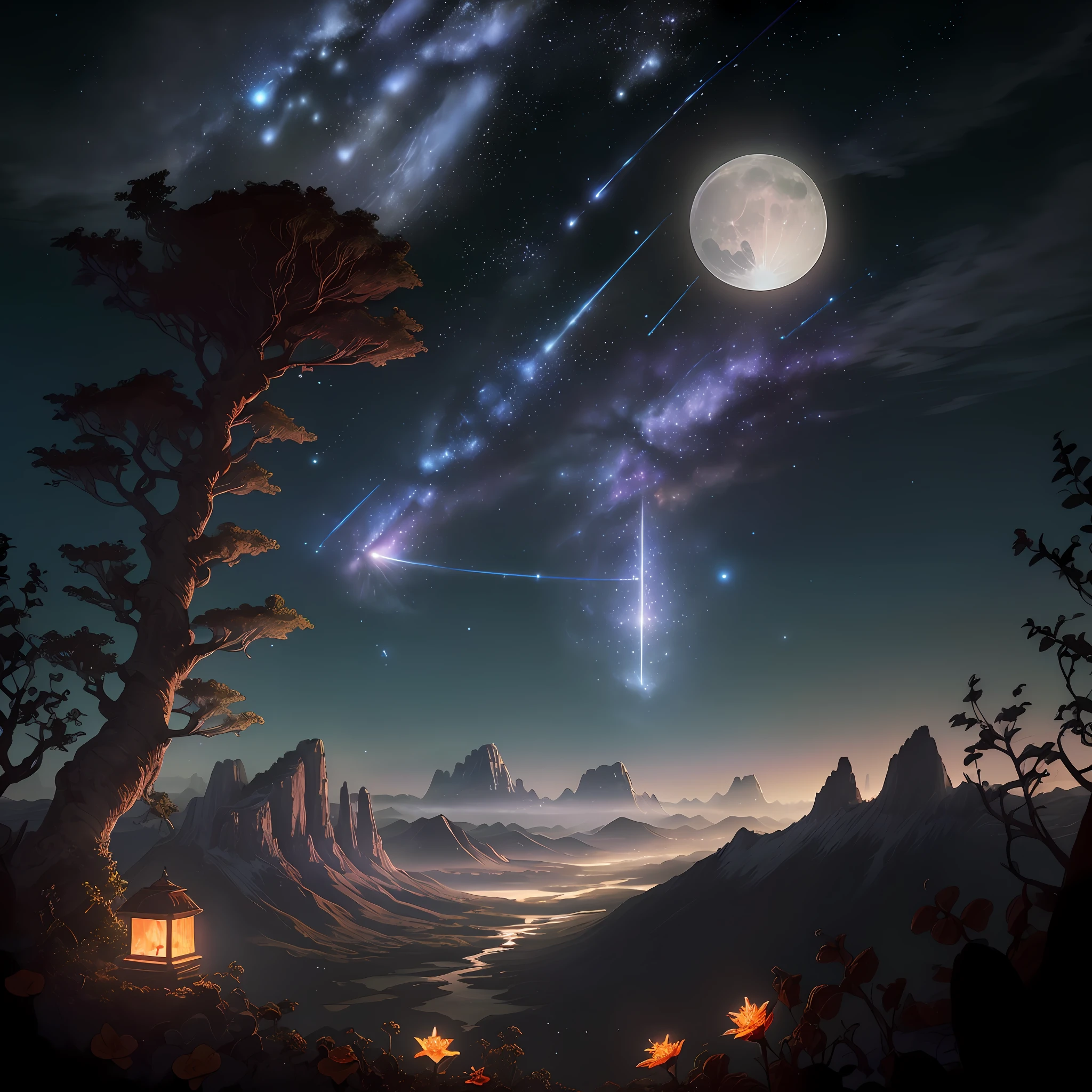 Expansive landscape photograph, (view from below with a view of the sky and wilderness below), standing in a flower field looking up, (full moon: 1.2), (shooting star: 0.9), (nebula: 1.3), distant mountain, tree break production art, (warm light source: 1.2), (firefly: 1.2), lamp, purple and orange, intricate detail, volume lighting, realism break (masterpiece: 1.2) (Best Quality), 4K, Ultra-Detailed, (Dynamic Configuration: 1.4), Highly Detailed and Colorful Details, (Iridescent Colors: 1.2), (Glowing Lighting, Atmospheric Lighting), Dreamy, Magical, (Solo: 1.2)