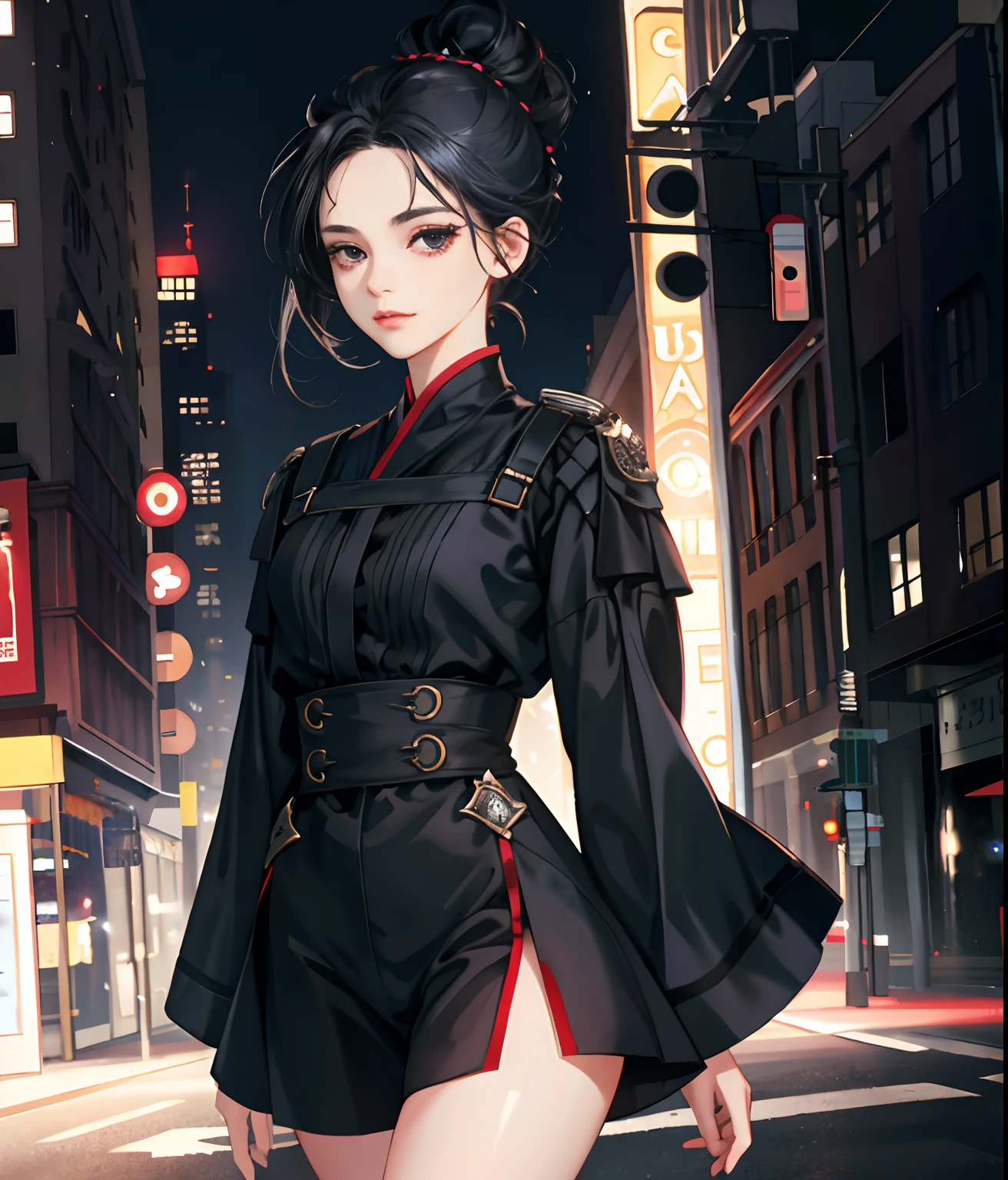 Superb masterpiece, 1girll,Hair up, Fair skin, Girls' pajamas, Black hair, Girl, Black eyes, Thigh clothing, coalescence, Super clear, face retouch, streets background, looking at viewert,