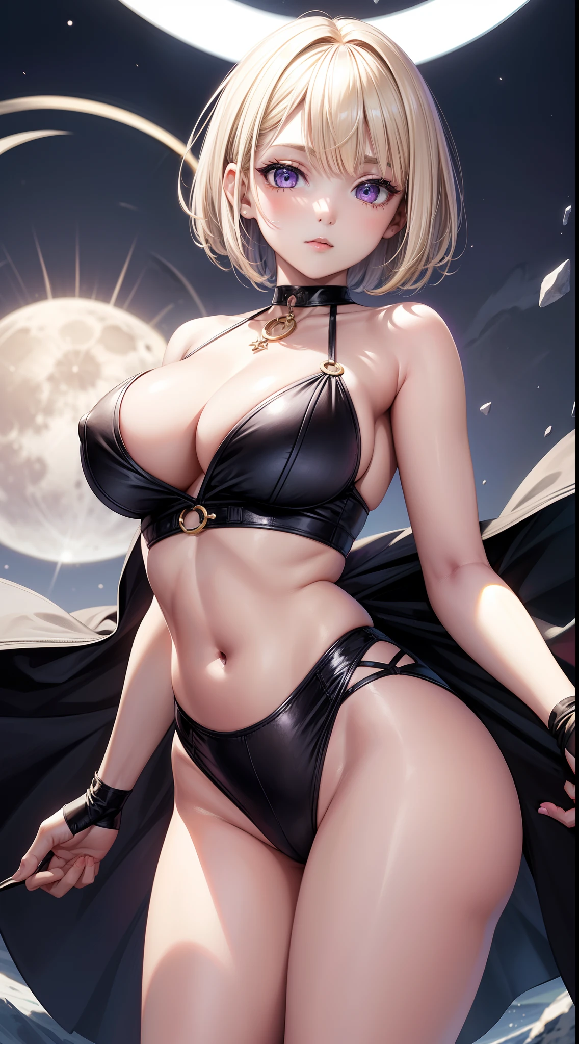 young girl, short blonde hair, Bob hairstyle, violet eyes, Black and white tight magic dress, open belly, open breasts, Wide neckline, The Sun and the Moon, Masterpiece, hiquality