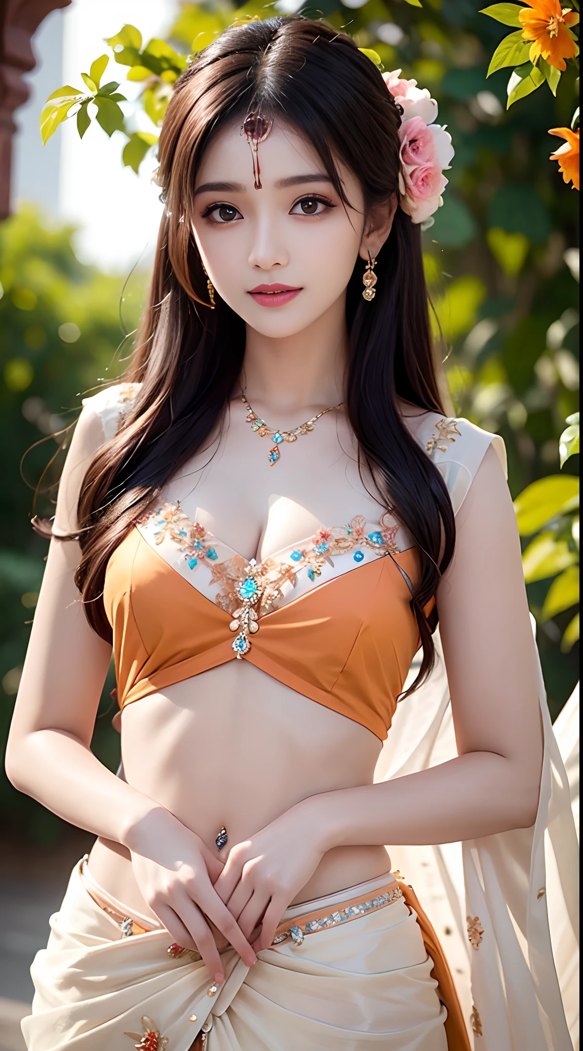 8K, ultra high detailed, an indian girl, cute face, happy, long hair, impressive hairstyle, detailed eyes, detailed lips, indian clothes, saree, orange saree, lace, wearing jewellery, nature background, flowers, afternoon, shadow, clear weather, whole body capture,