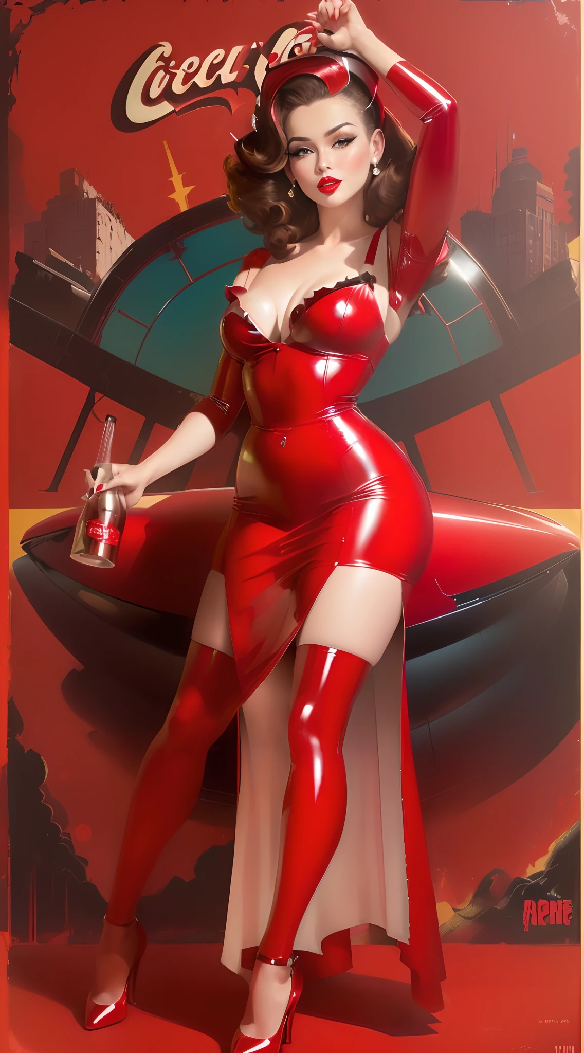 araffe woman in a red latex dress posing for a picture, pinup art, pinup, pinup model, pinup body, pin-up poster girl, retro pinup model, pinup girl, pin up, girl pinup, pin up style poster, pinup style, pinup pose, pin-up, pin - up, comic pinup style, 60's sci-fi pinup style