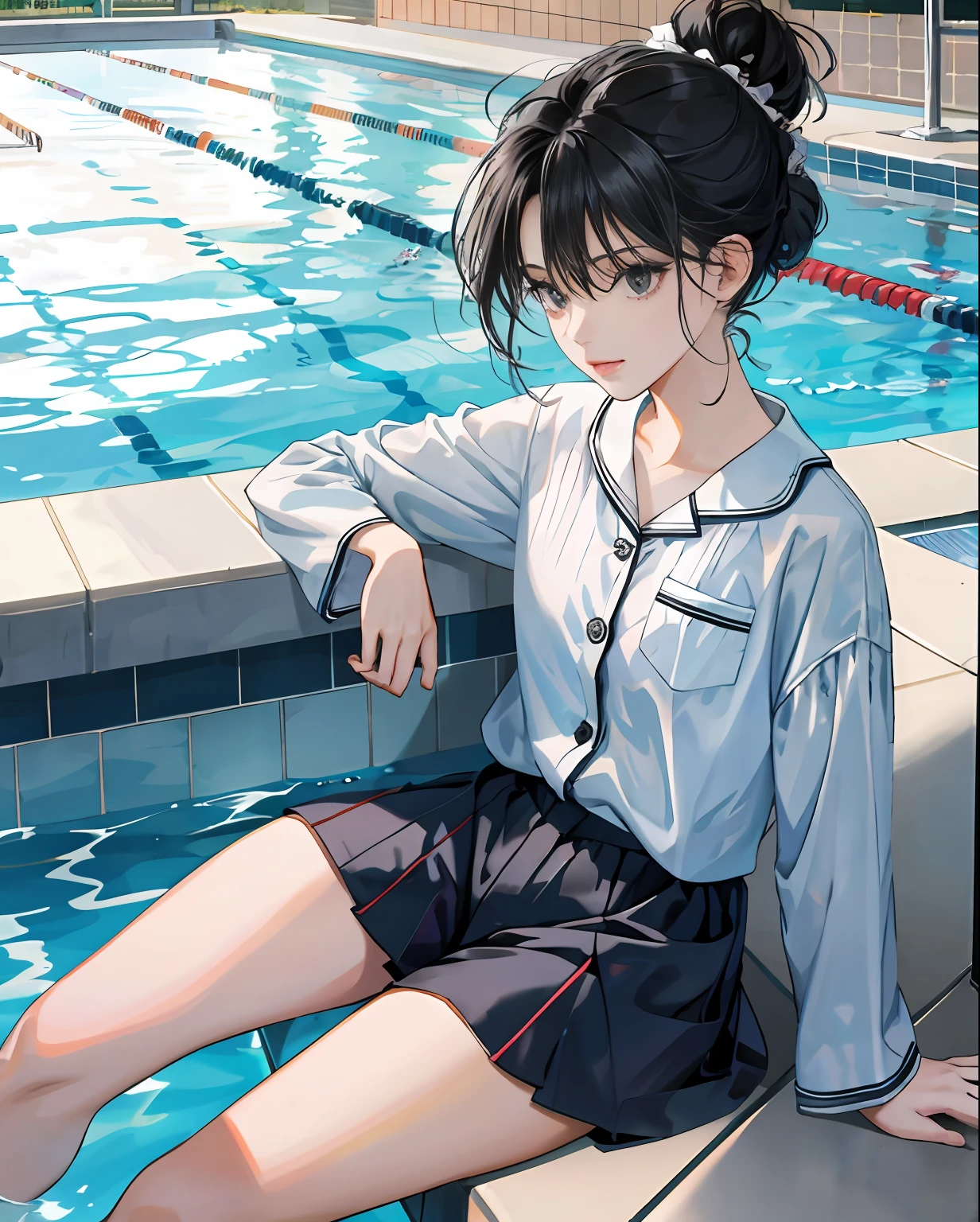 Superb masterpiece, 1girll，Hair up, Fair skin, Girls' pajamas, Black hair, Girl, Black eyes, Casual thigh clothing, coalescence, Super clear, face retouch, Pool background, looking at viewert，Sit on the edge of the pool