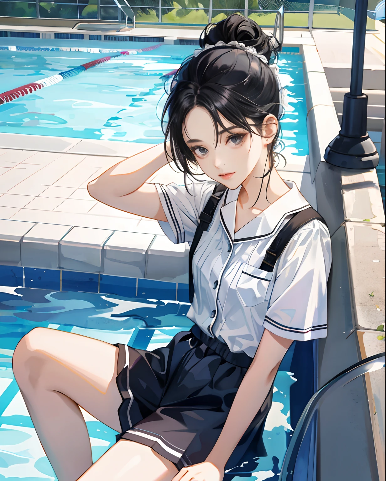 Superb masterpiece, 1girll,Hair up, Fair skin, Girls' pajamas, Black hair, Girl, Black eyes, Casual thigh clothing, coalescence, Super clear, face retouch, Pool background, looking at viewert,Sit on the edge of the pool