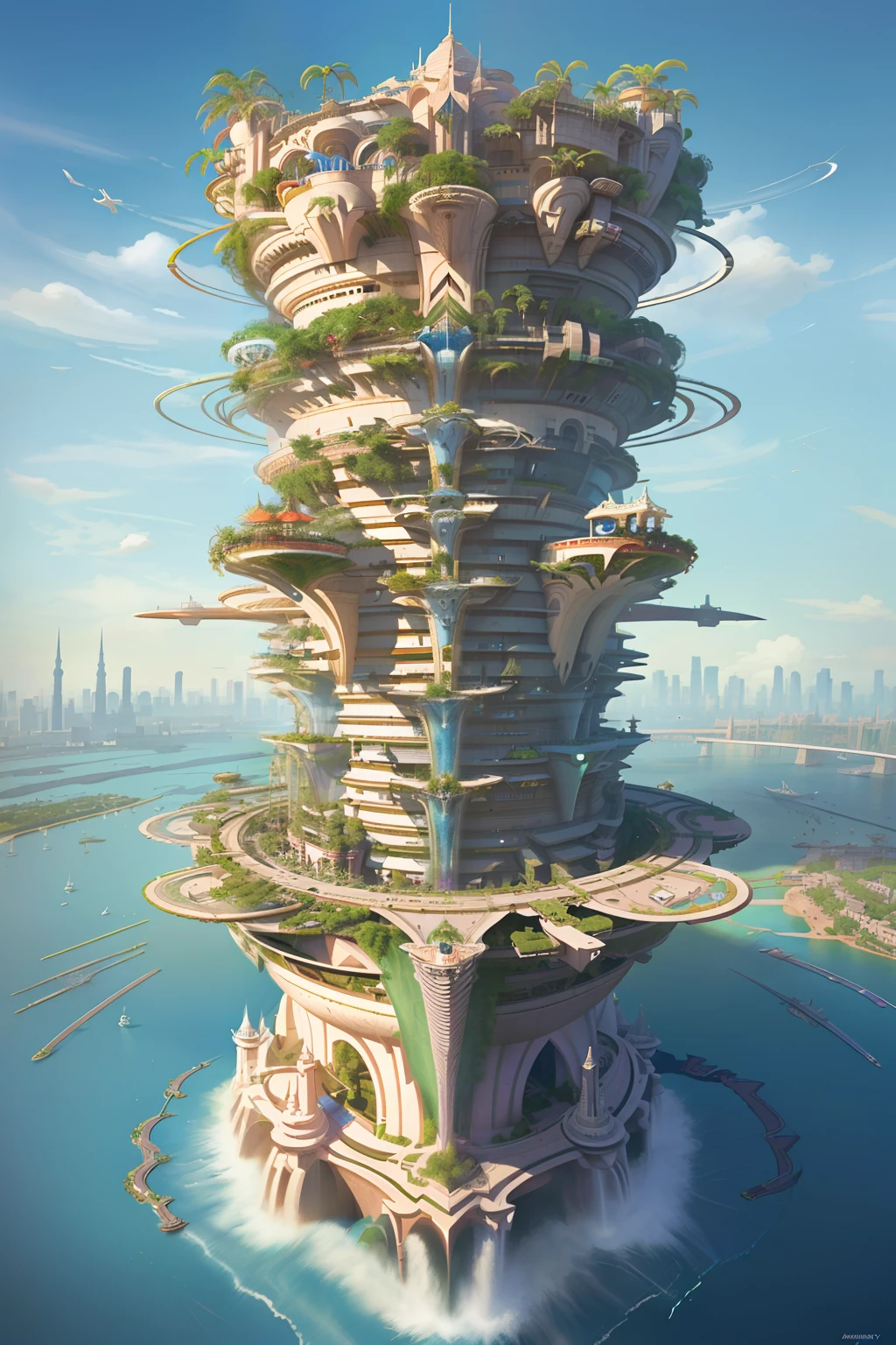 aerial view, stacked architecture city on giant towers and rings with many arches and bridges and flowering terraces, (colorful vegetation:1.3), sci-fi futuristic architecture, waterfalls, many boats and ships, a matte painting by james gurney, trending on cgsociety, oversaturated, ultra sharp, hyper realistic