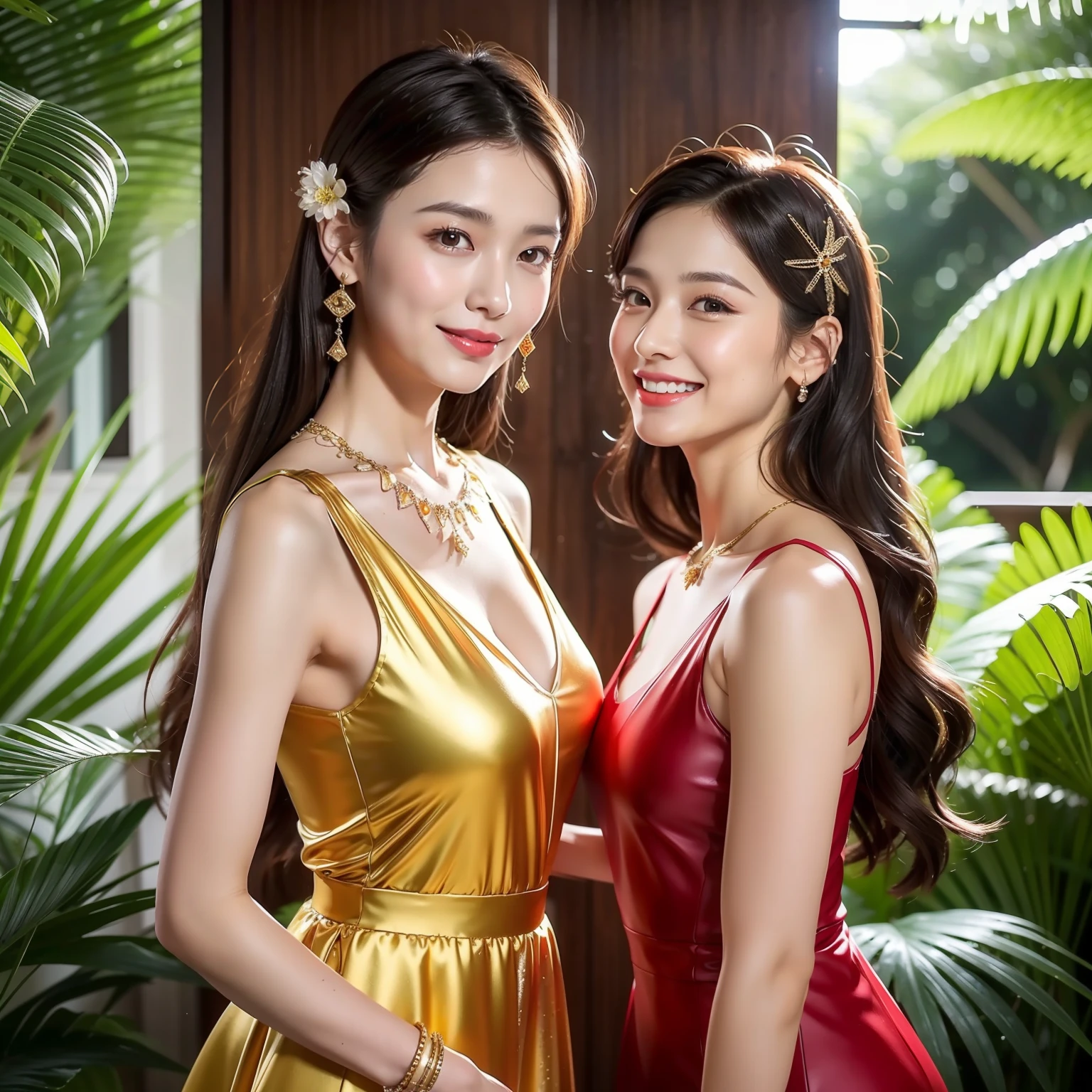 (8K分辨率,Photographs of legs,Wallpapers),(A pair of twin females,20yr old,(The facial features of Thai Aump:1.8,Thin skeletal cheeks,s delicate face),com rosto detalhado,Lovely face,com rosto detalhado,详细的脸,Ultra-fine makeup,Black colored eyes,(Look in the same direction),Long dark red hair,(Messy has layers),Redlip,Fair smooth skin,(Best Skin Type:1.21),mediuml breasts,(Thai evening dress:Siwalai,Delicate shawl straps,Luxurious ladies' tube dresses,A small number of flower hairpins,Luxurious necklaces and bracelets),Tall and tall,The action of flying kisses,perfect hand,Ultra-fine clothing material),(Thai Farm House,tropical trees,Flower wall,Exquisite environmental details),(exhilarated,confident smile,Rejoice,intimacy),(profesional lighting,动态照明),((The colors are relatively uniform,subtle sensuality,vivaciousness,rays of sunshine(golden colored,red colour,in pink))),(Golden section,Cinema lenses,Dynamic shots,Hasselblad photograp,tmasterpiece:1.3),(adolable,rays of sunshine,vivaciousness,mistic,dream magical,Little woman,trendsetting,Folklore,Artis,Art platform)