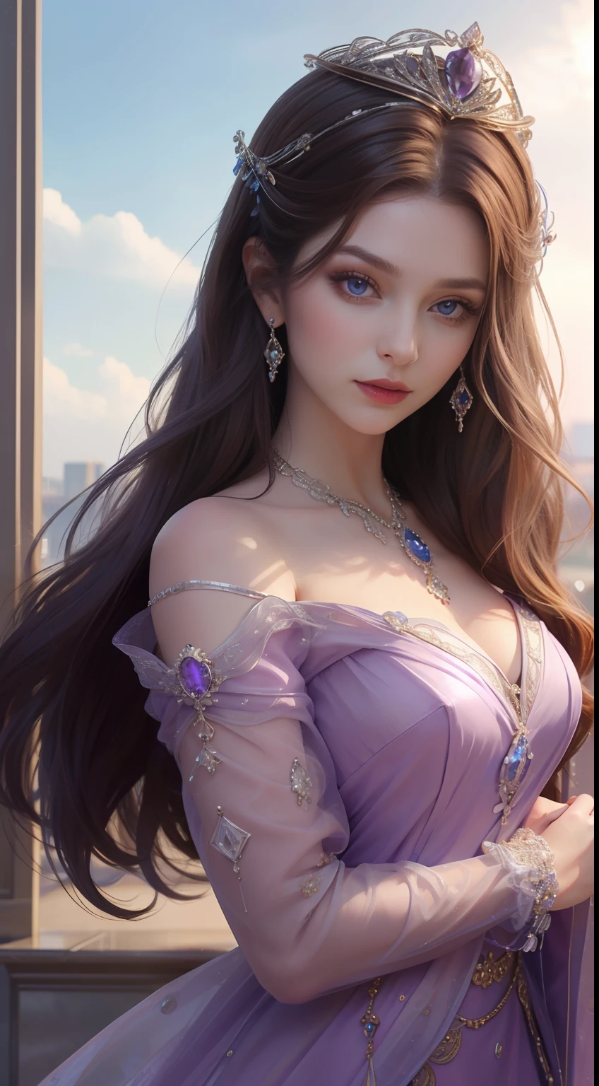tmasterpiece,Highest image quality,Beautiful bust of a royal lady,Delicate brown hairstyle,Violet eyes are clear,Embellished with a dazzling array of intricate jewelry,super detailing,upscaled。