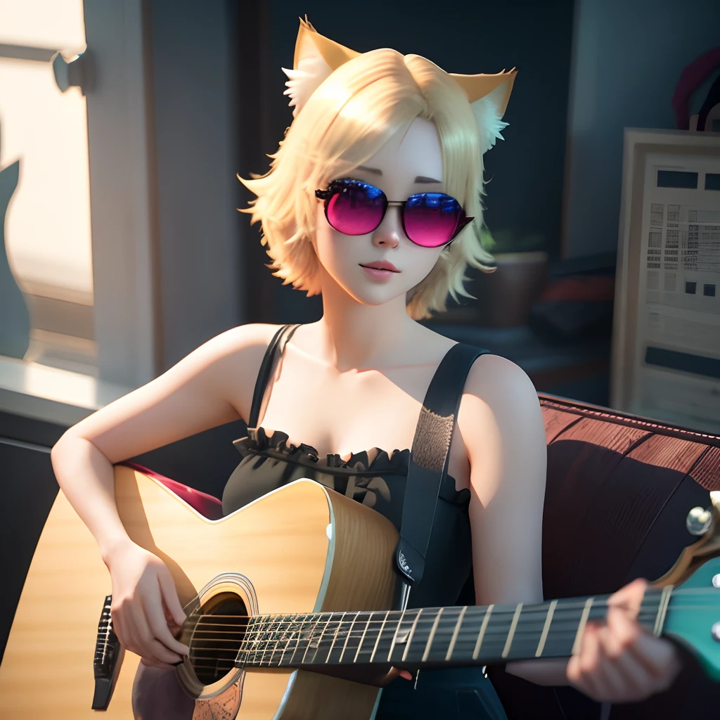 Anime blond haired girl with cat ears and sunglasses holding a guitar, artwork in the style of guweiz, ross tran 8 k, beautiful young catgirl, beautiful anime catgirl, anime girl with cat ears, girl with cat ears, guweiz, detailed digital anime art, ross tran style, anime catgirl, catgirl, realistic anime 3 d style