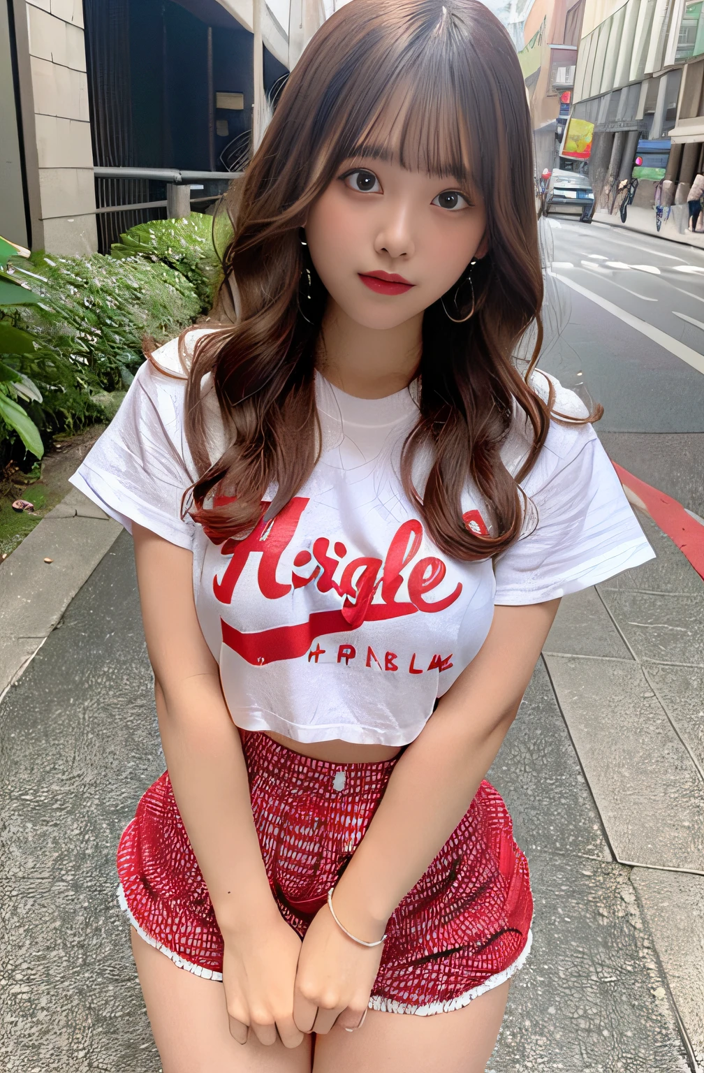 ​masterpiece, Better Quality, hight resolution, 1 girl,fringe, Curly hair,shortpants,Red T-shirt,In the street,Diameter chest, happily face, full bodyesbian,thighs thighs thighs thighs,(huge-breasted:1.1),Waki,Highly exposed,Navel