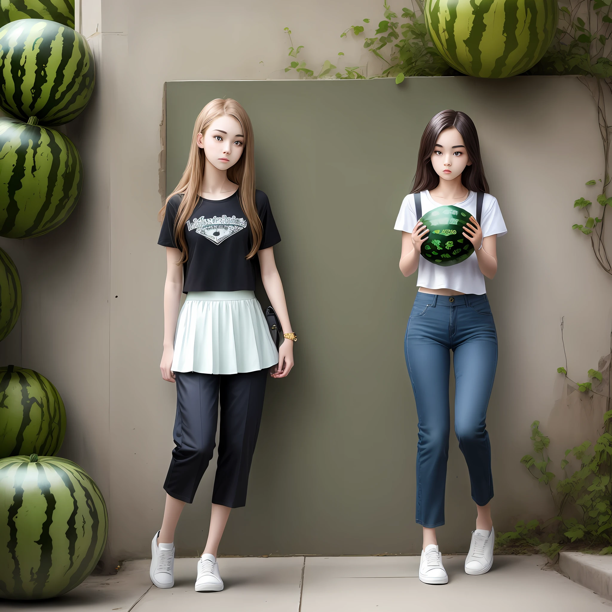 teens girl，water melon，shorter pants，highlight