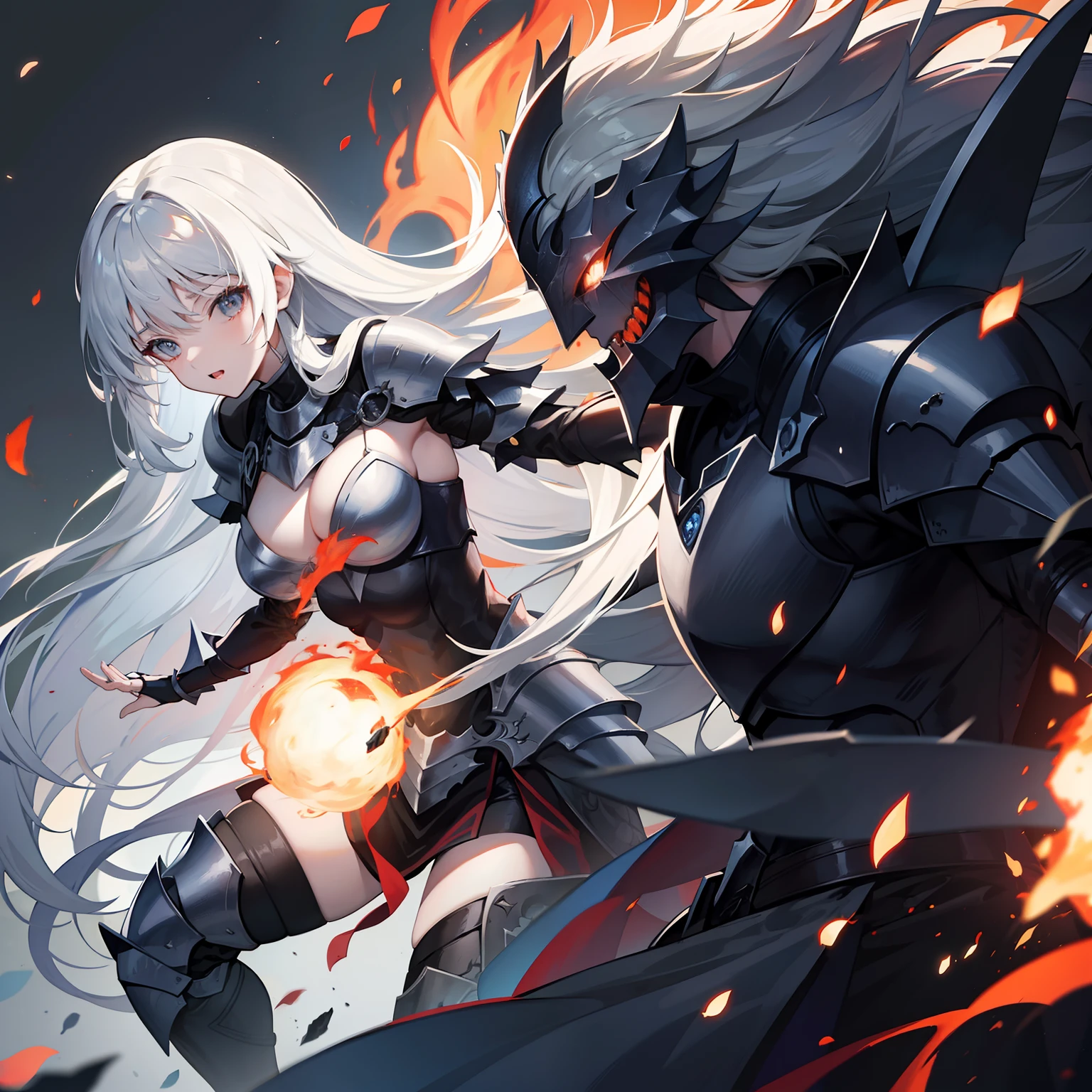 Fighting monsters、Woman knight、Long gray hair、Fantasy background、Fire Effect、masterpiece、Fancy details、