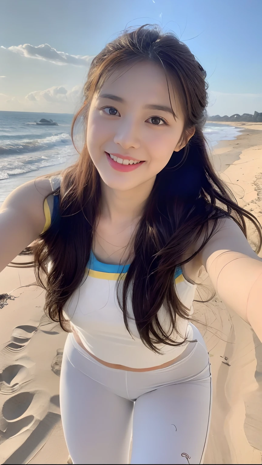 ((best qualtiy, 8k, tmasterpiece:1.3)), A pretty maiden,Pure,Melon seed face,gentle and cute,Slightly chubby,Eccentricity,Leaning forward,((Long solid color top,Yoga pants for)),Long black fluffy hair,round black big eyes,clear big eyes,Hydrated red lips,Sweet smile,are standing,with blue sky and white clouds,rays of sunshine,beach sand background,
