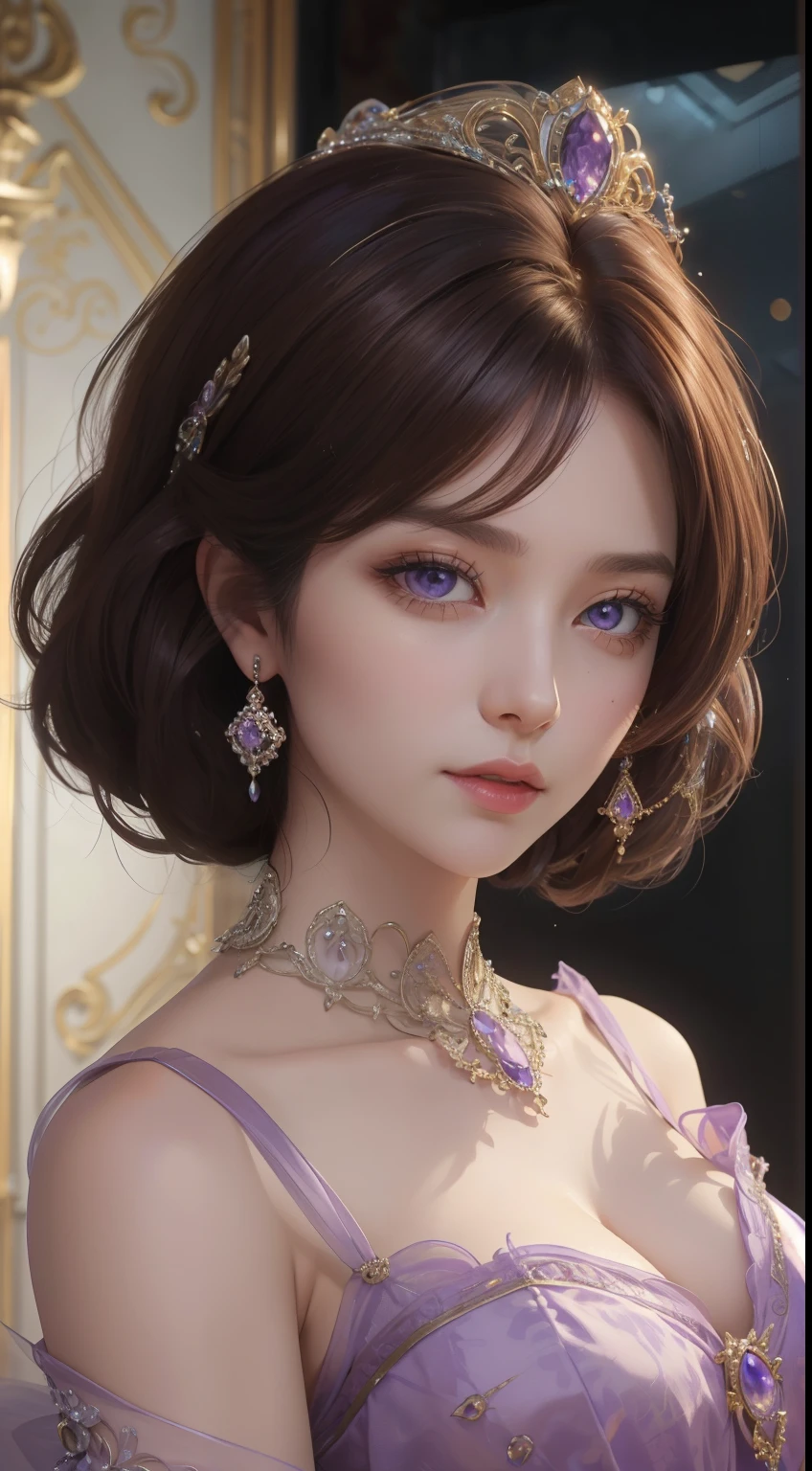 tmasterpiece,Highest image quality,Beautiful bust of a royal lady,Delicate brown hairstyle,Violet eyes are clear,Embellished with a dazzling array of intricate jewelry,super detailing,upscaled。
