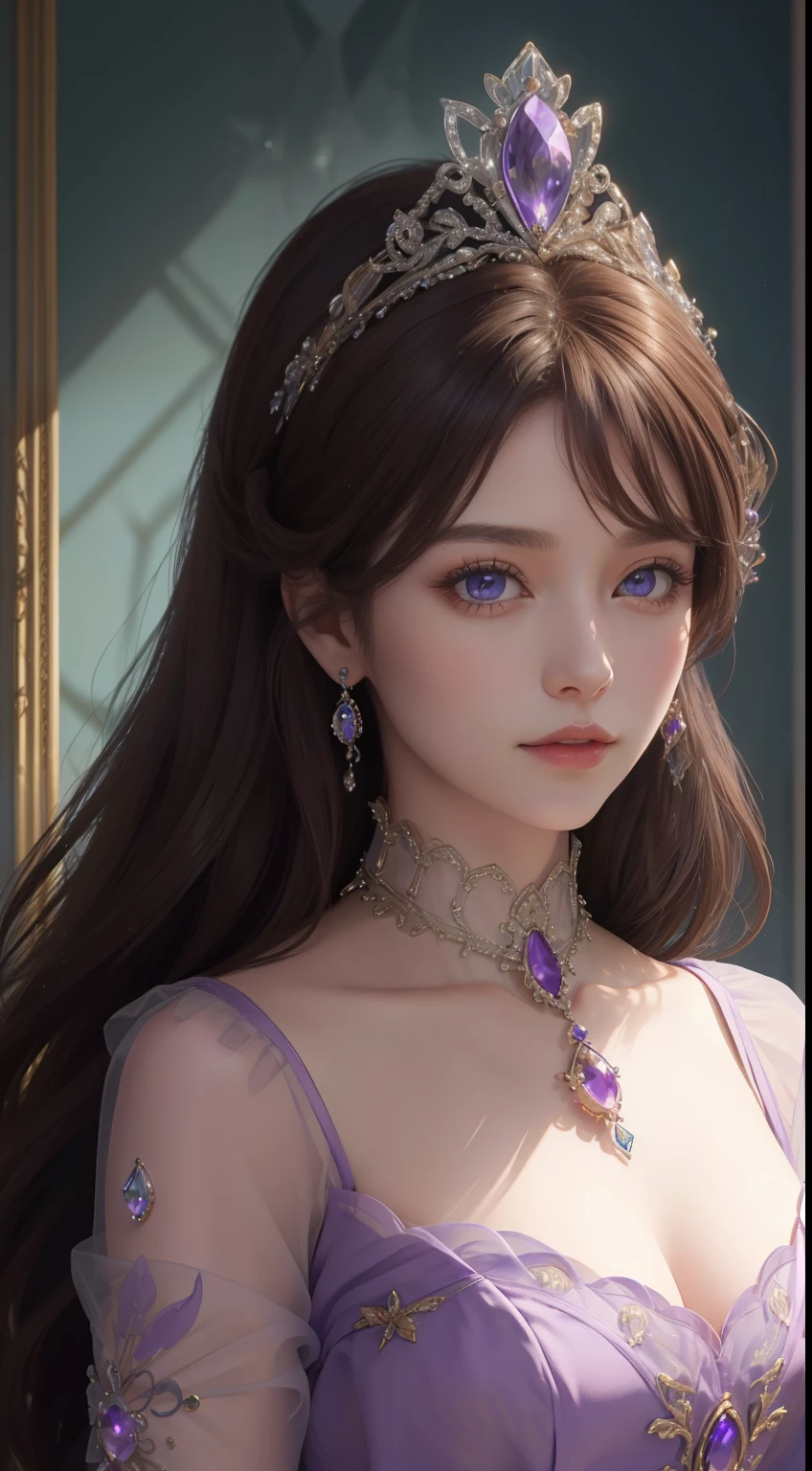 tmasterpiece，Highest image quality，Beautiful bust of a royal lady，Delicate brown hairstyle，Violet eyes are clear，Embellished with a dazzling array of intricate jewelry，super detailing，upscaled。