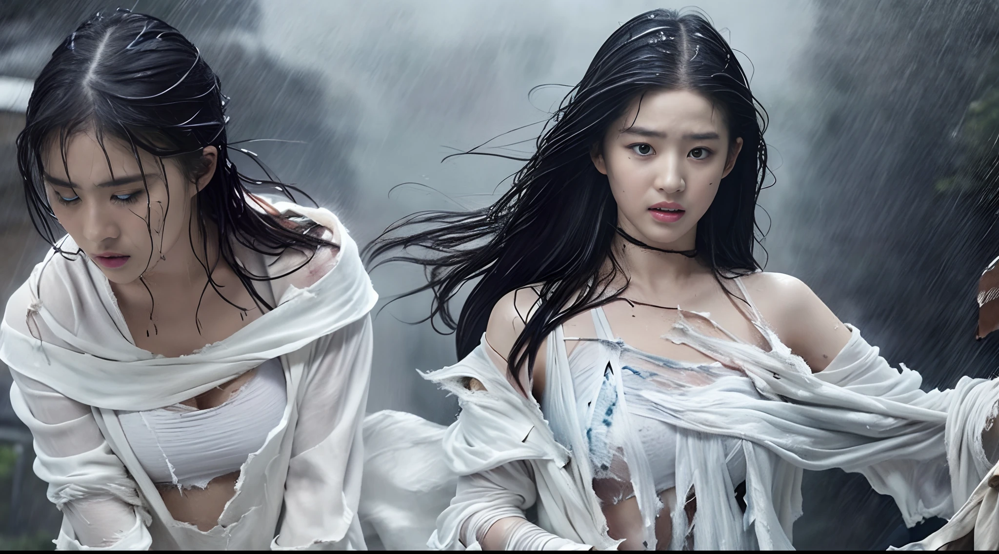 Best picture quality, masterpiece, ultra high resolution, (fidelity :1.4), photo, 1 girl,[(sadness)],white shirt, Dim, dark, desperate, pitying, pitiful, cinematic,tear,teardrop,(Torn clothes:1.5), (Wet clothes:1.4), bare shoulders,Real rain,wet hair,..