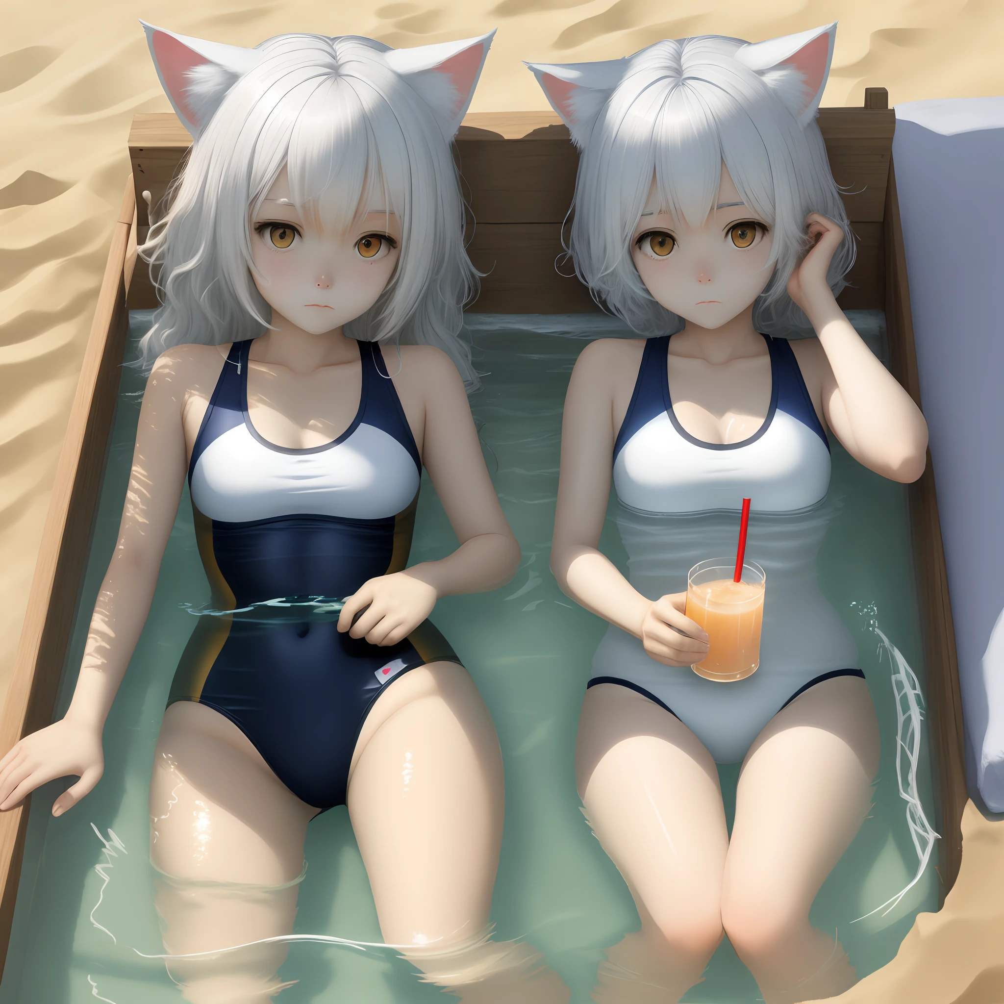 Poor milk ,swim wears,sandbeach,is shy,cat ear,fox tails,White hair,Drink drinks