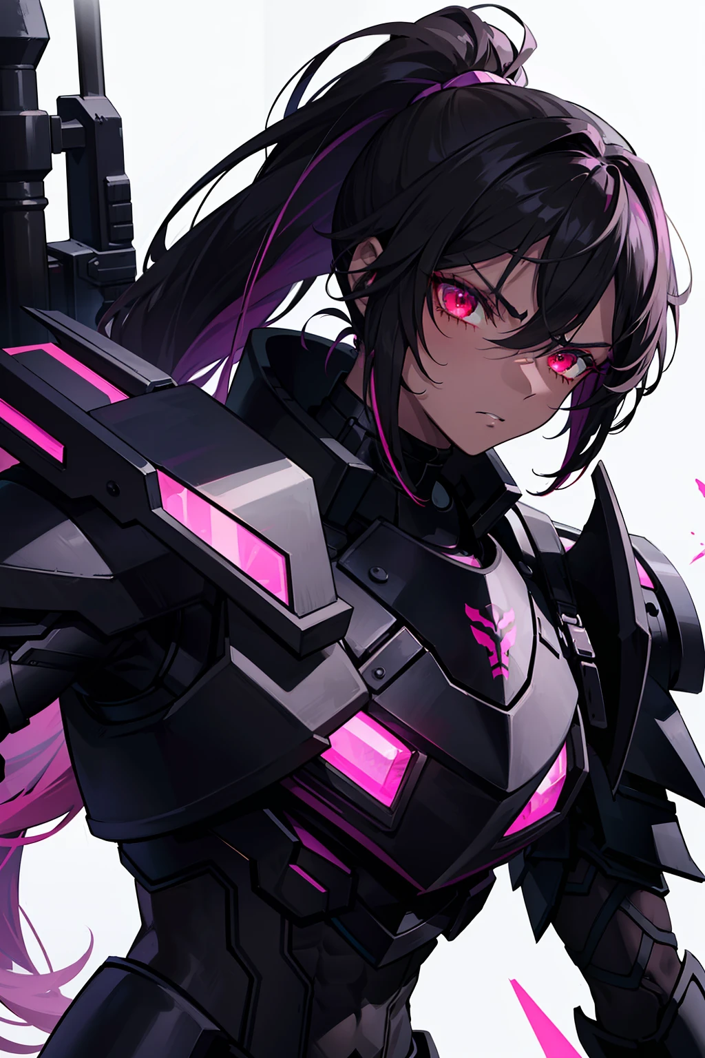 "dark-skinned with a menacing scowl, black hair with magenta highlights styled in a layered ponytail, fierce red eyes, muscular physique adorned in a futuristic black gothic armor, with intricate black armor plating."