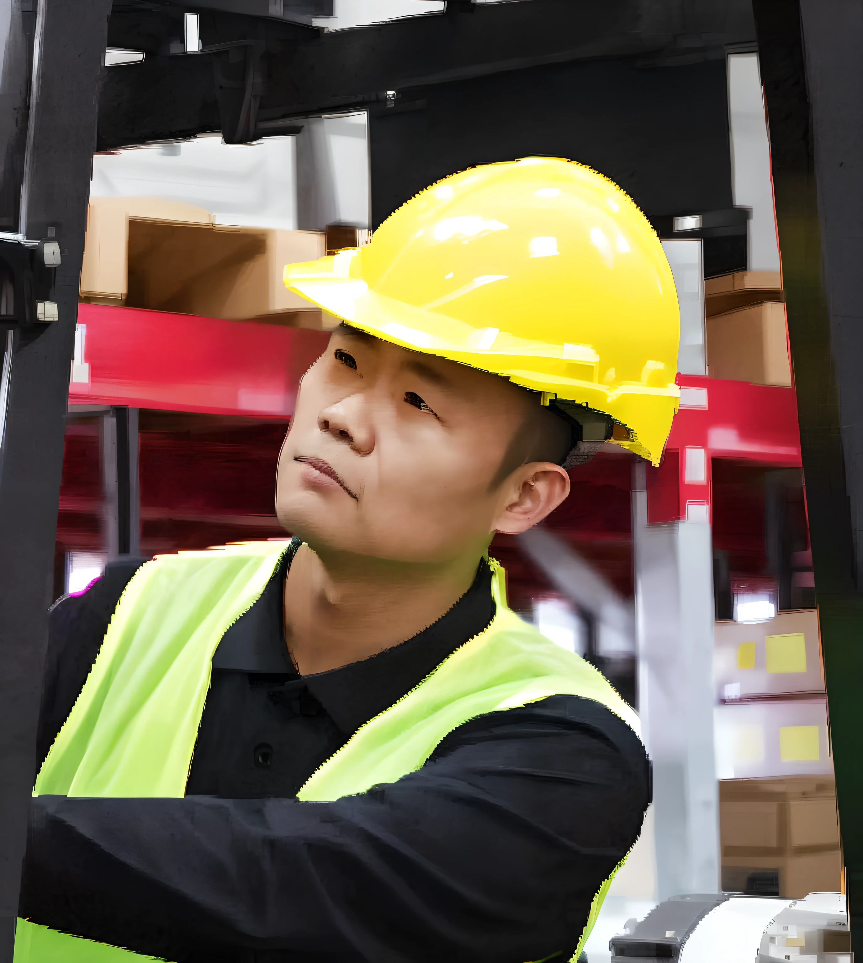 Chinese man in yellow safety vest and hard hat in a warehouse, portrait shooting, inspect in inventory image, Close portrait, on a dark background, confident looking, contemplating, advertising photograph, Background, looking confident, Fine portrait, Man, professional, a super-smart, Advanced technology, looking off to the side, Portrait image, foco nítido