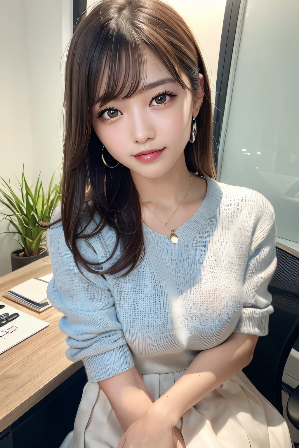 (masterpiece:1.3), high resolution, ultra detailed, extremely detailed CG unity 8k wallpaper, realistic, photo-realistic, RAW photo, beautiful detailed face, pale skin, realistic glistening skin, detailed cloth texture, detailed hair texture, Perfect body, Beautiful Face, accurate, Anatomically correct, Highly detailed face and skin texture, natural neck length, (beautiful hands), (fair skin:1.2), Thin legs, Thin feet, 
BREAK, 
Detailed eyes, symmetric eyes, Light Brown eyes, Double eyelids, Thin eyebrows, (Glossy lips:1.4), ((gently smile:1.2)), (blush:1.1),
BREAK, 
(A Classy and Cute girl:1.3), (wearing a classy (beige) knit sweater:1.2), (classy (Light blue) long ruffled skirt:1.2), close the button, 
medium large breasts, (slender figure:1.1), firm abs, beautiful clavicle, 
(Dark blonde hair, wavy hair, long hair:1.2), ((asymmetrical bangs:1.2)), 
BREAK, 
((Sitting with leaning against the office chair:1.3)), 
((in the stylish office at night:1.4)), (Cowboy shot:1.2), looking at viewer, from above:0.65,
