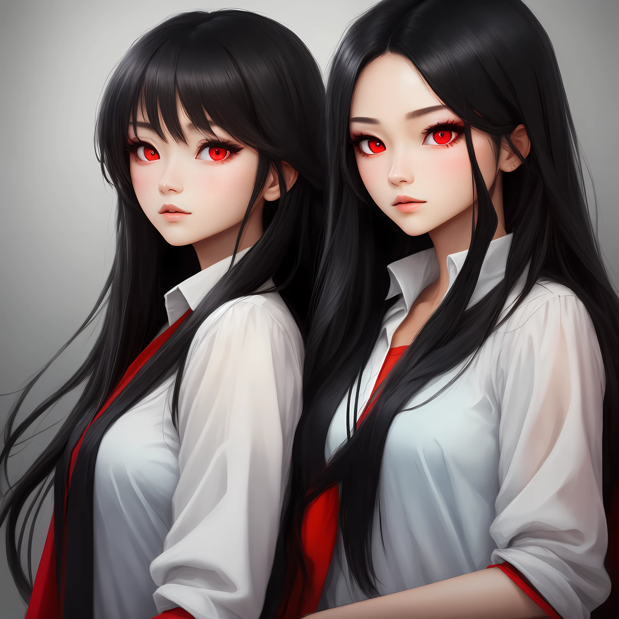 Long black hair and red eyes