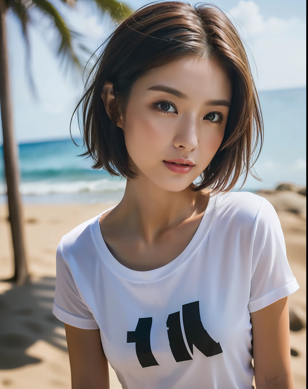 ((Top Quality, 8k, Masterpiece: 1.3)), Sharp Focus: 1.2, (1 Beauty: 1.1), (Photorealistic), Small Head: 1.3, Brunette Short Messy Hair, Small, Above Knee Photo, Standing, White Long T-Shirt: 1.4, Beach, Sunlight, Movie Lighting, The entire body faces forward.