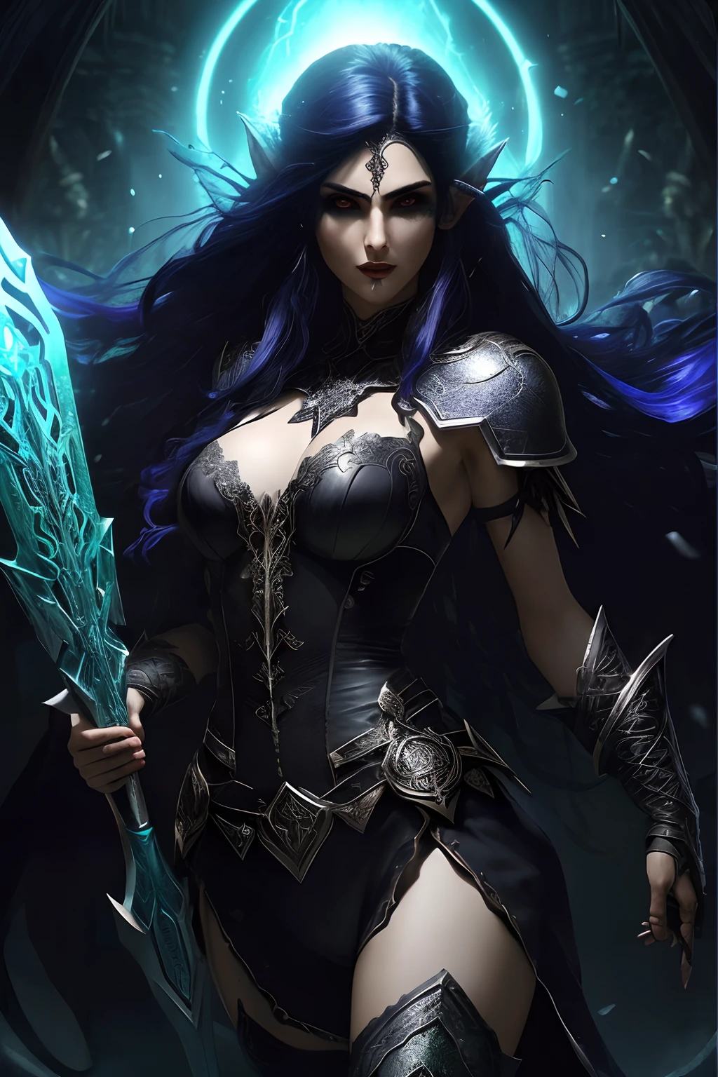 (papel de parede 8k extremamente detalhado), an average photo of a beautiful female elf fearsome necromancer, intrincado, alto detalhe, Dramatic