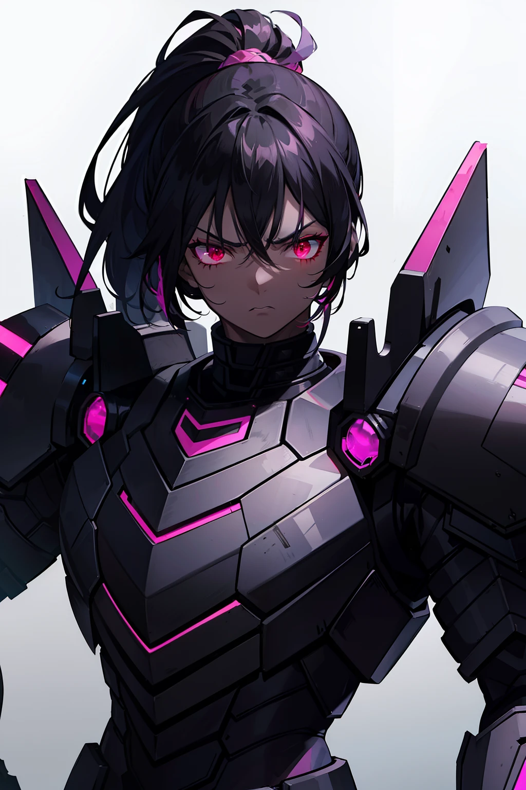 "dark-skinned with a menacing scowl, black hair with magenta highlights styled in a layered ponytail, fierce red eyes, muscular physique adorned in a futuristic black gothic armor, with intricate black armor plating."