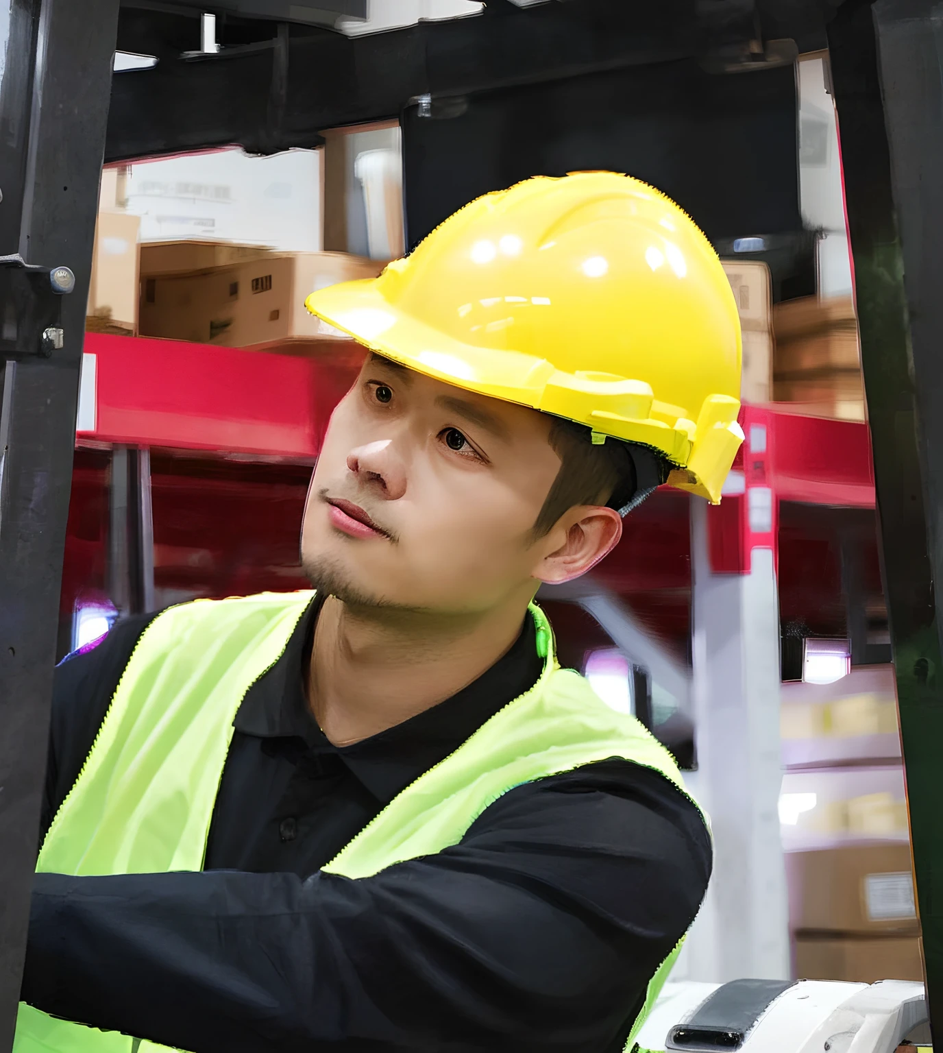 Chinese man wearing yellow safety vest and hard hat in a warehouse, Portrait shooting, inspect in inventory image, Close portrait, on a dark background, confident looking, contemplating, advertising photograph, Background, looking confident, Fine portrait, Man, professional, a super-smart, Advanced technology, looking off to the side, Portrait image, foco nítido