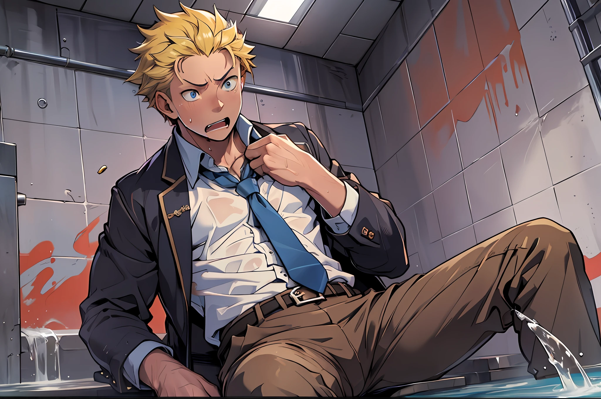 （1 Adult male），A high resolution， Sharp focus， Pixiv masterpiece， （（Complicated details））， highly  detailed， natsuki_subaru， 1 man， Serious，full bodyesbian，sit astride， yellow eyes（eyes glowing）， Short yellow hair，white  shirt，Wear a tie，Wear a belt，perspire，look from down