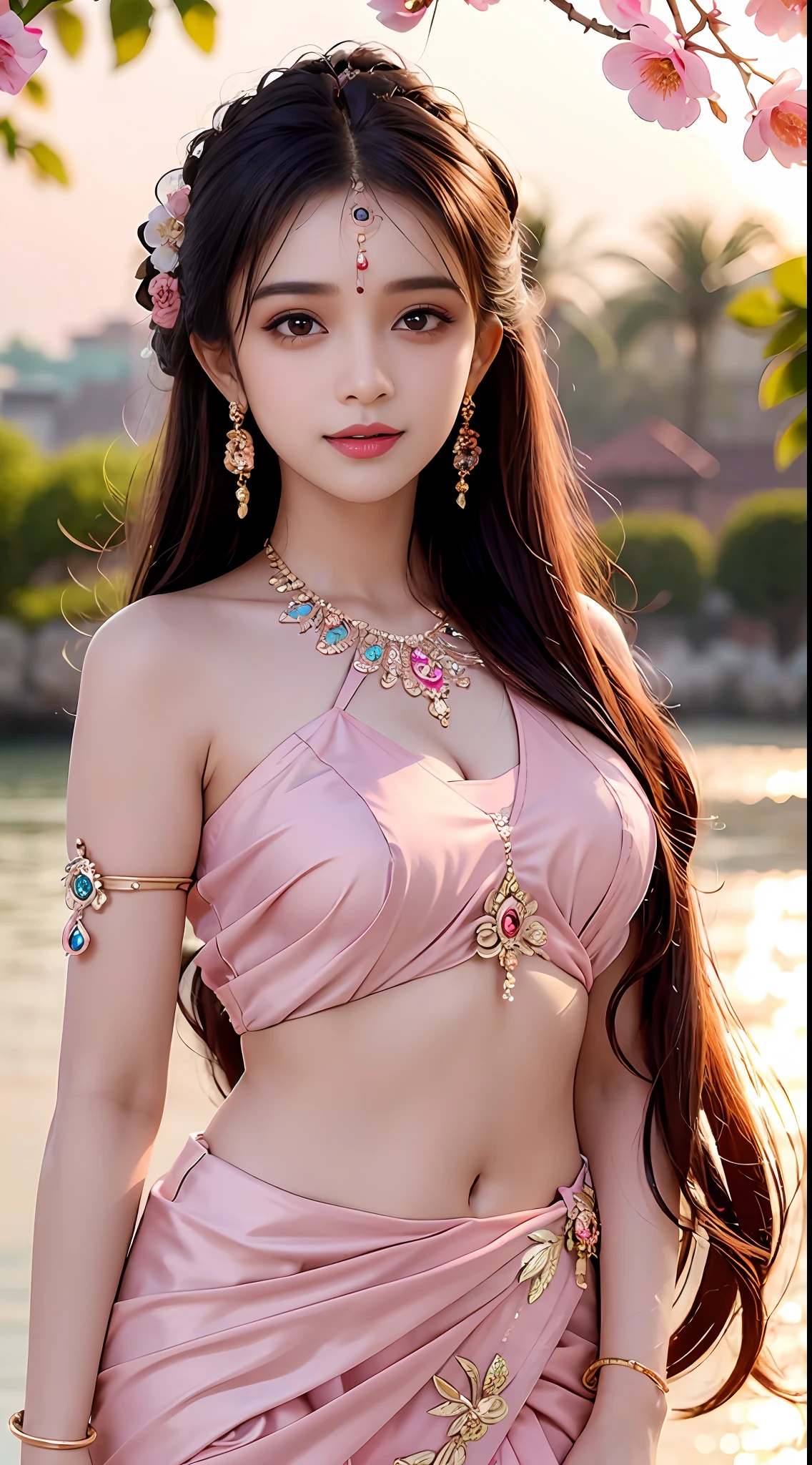 Beautiful gypsy woman tarot card fortune teller、young woman、Holding a very large, shiny crystal ball in both hands、Facing forward、Cute pink outfit、looking at the camera、The background is a fortune-telling parlor、